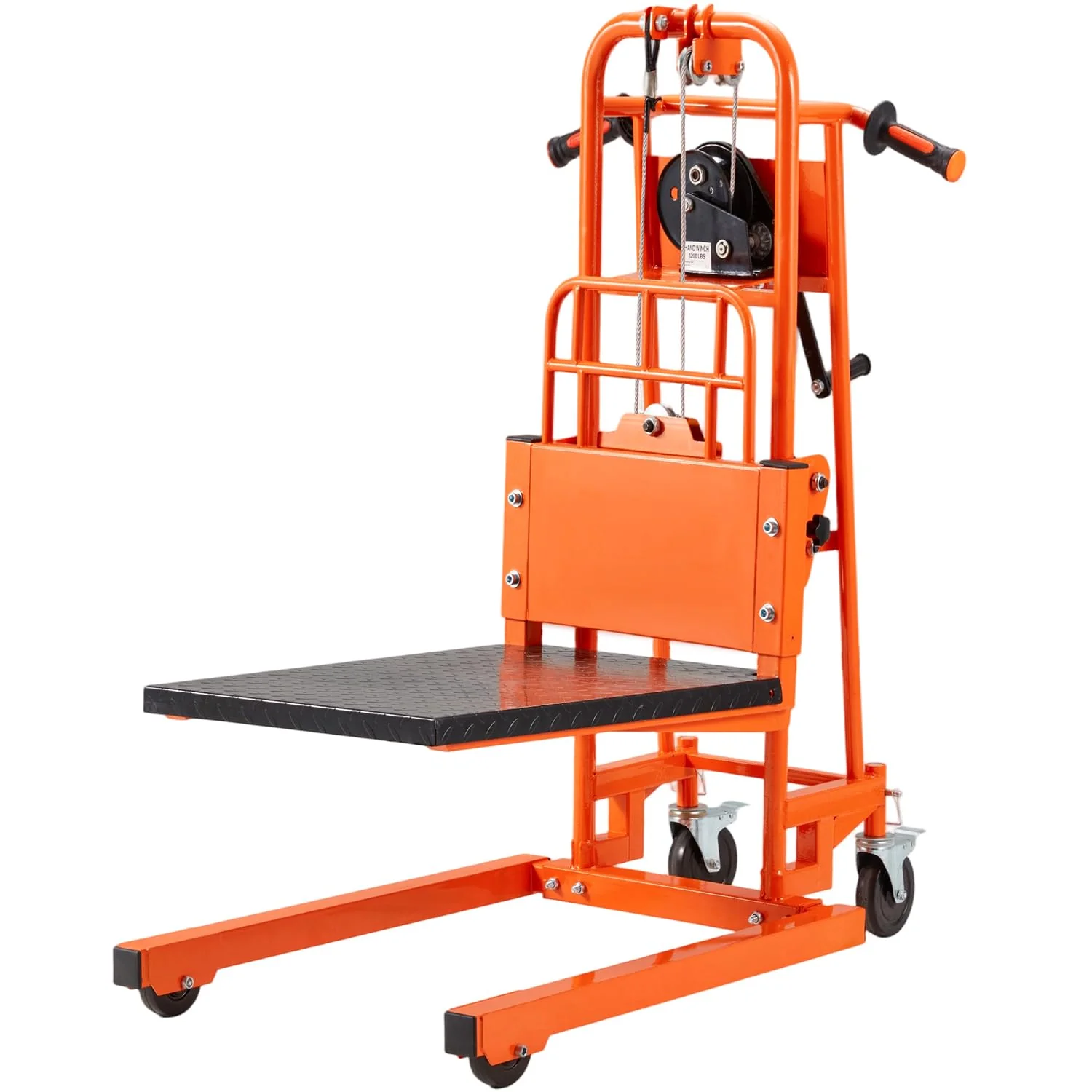b26641db7bf75d60ac2093ee4c5be50f39be260eaf5d89f8a6d301c0709ce464.webp AECOJOY Material Lift Winch Stacker, Hand-Cranked Lift Table Cart 500 Lbs Capacity, Pallet Truck Jack with Lockable Swivel Casters - Image 1