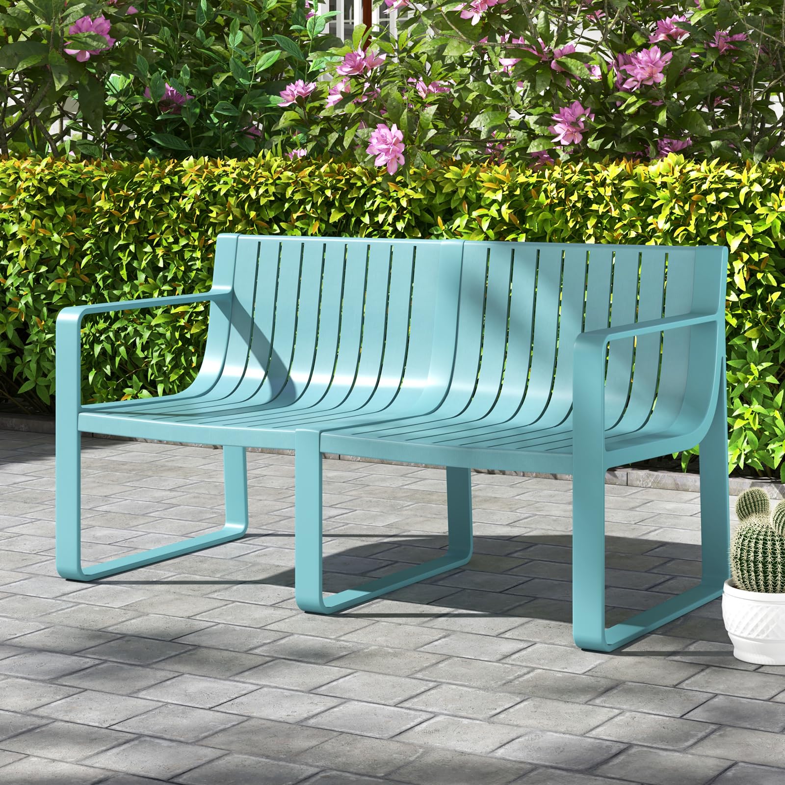 b2e1fe74c0fc331fcd275347f02a32bf2174d378411dcda258a46c403fb33e9a.jpg All-Weather Plastic Outdoor Patio Bench, 2-Person Garden Loveseat with Curved Backrest & Slatted Design for Backyard, Poolside, Deck - Image 1