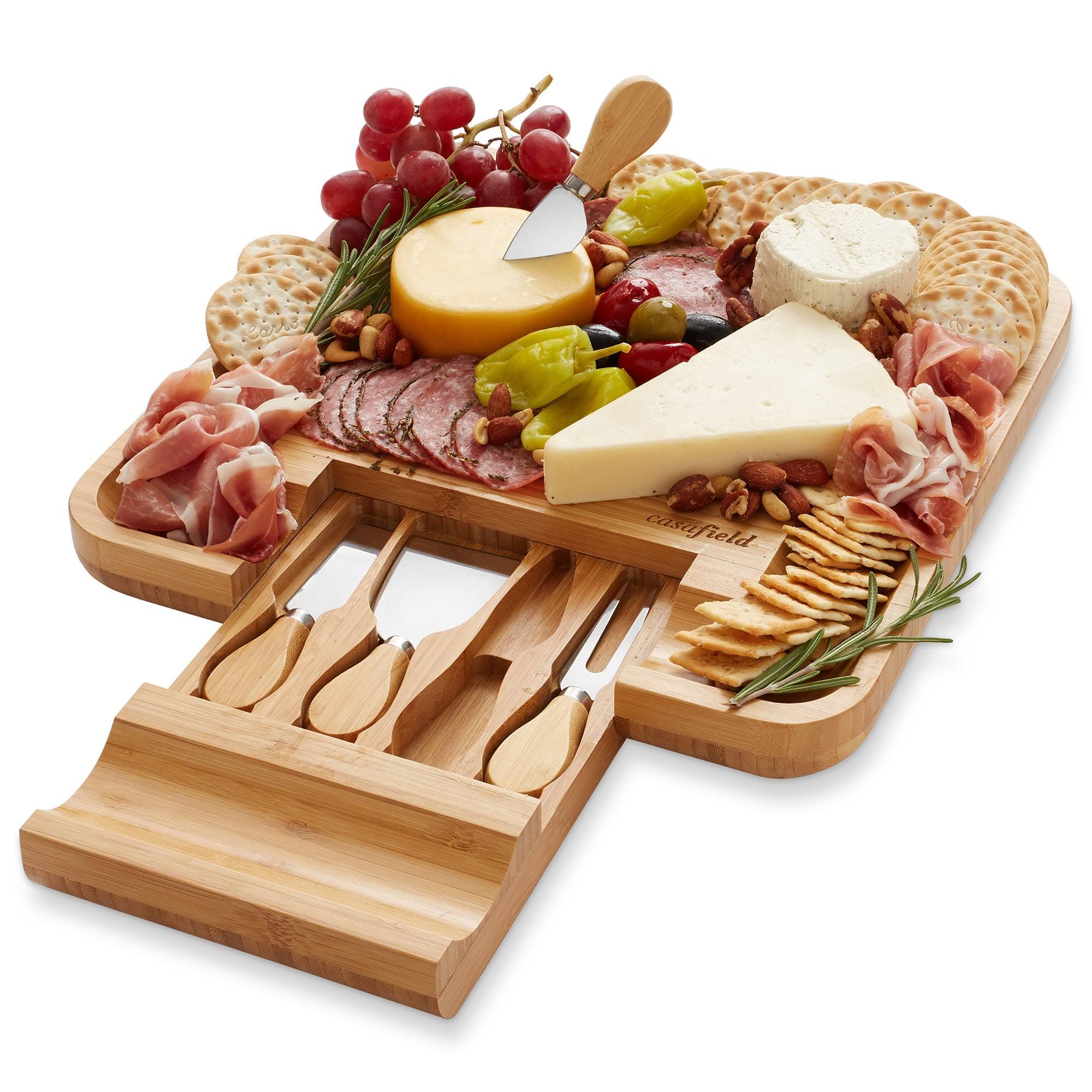 b3363de4a347d1b117de82f4f2342fbe8e8c3dc720a4092f9d4b853b8840be85.jpg Casafield Bamboo Cheese Cutting Board Knife Gift Set Wooden Charcuterie Meat Serving Tray - Image 1