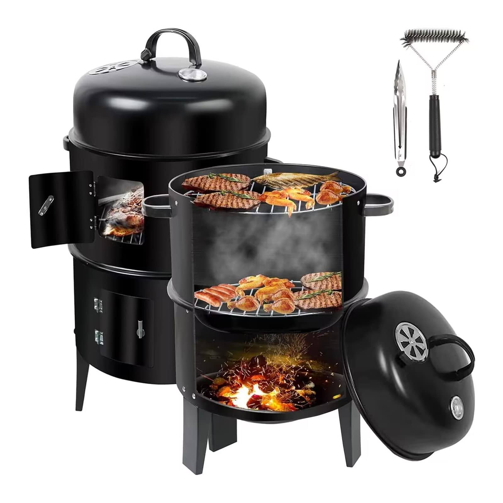 b35be19f197b8420fa21448650660dcb565d132b2104c3df5cdc2c11f6a0a6d0.jpg Zxmt 17 inch Vertical Multi-Layer Steel Charcoal Smoker, Heavy Duty Round Charcoal BBQ Grill for Outdoor Smoking Charcoal Grill with Thermometer - Image 1