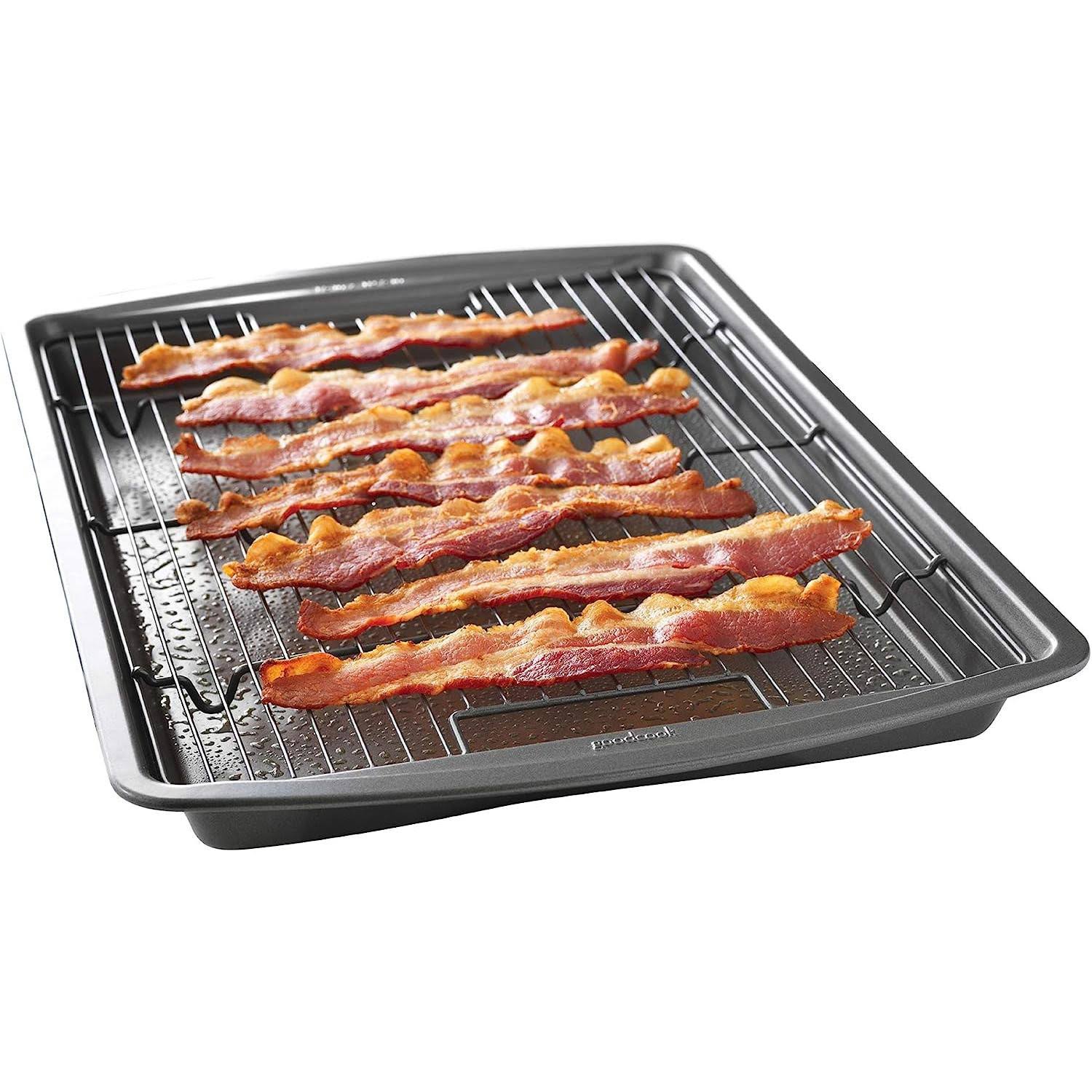 b3c218190863b1ffa3f5f2ba53641c4c8f38d59dc859a01614a3c468bc00139e.jpg GoodCook 15" x 10.5" Premium Nonstick Carbon Steel Crispy Bacon Multipurpose Baking Pan Set, Dark Gray,Gray - Image 1