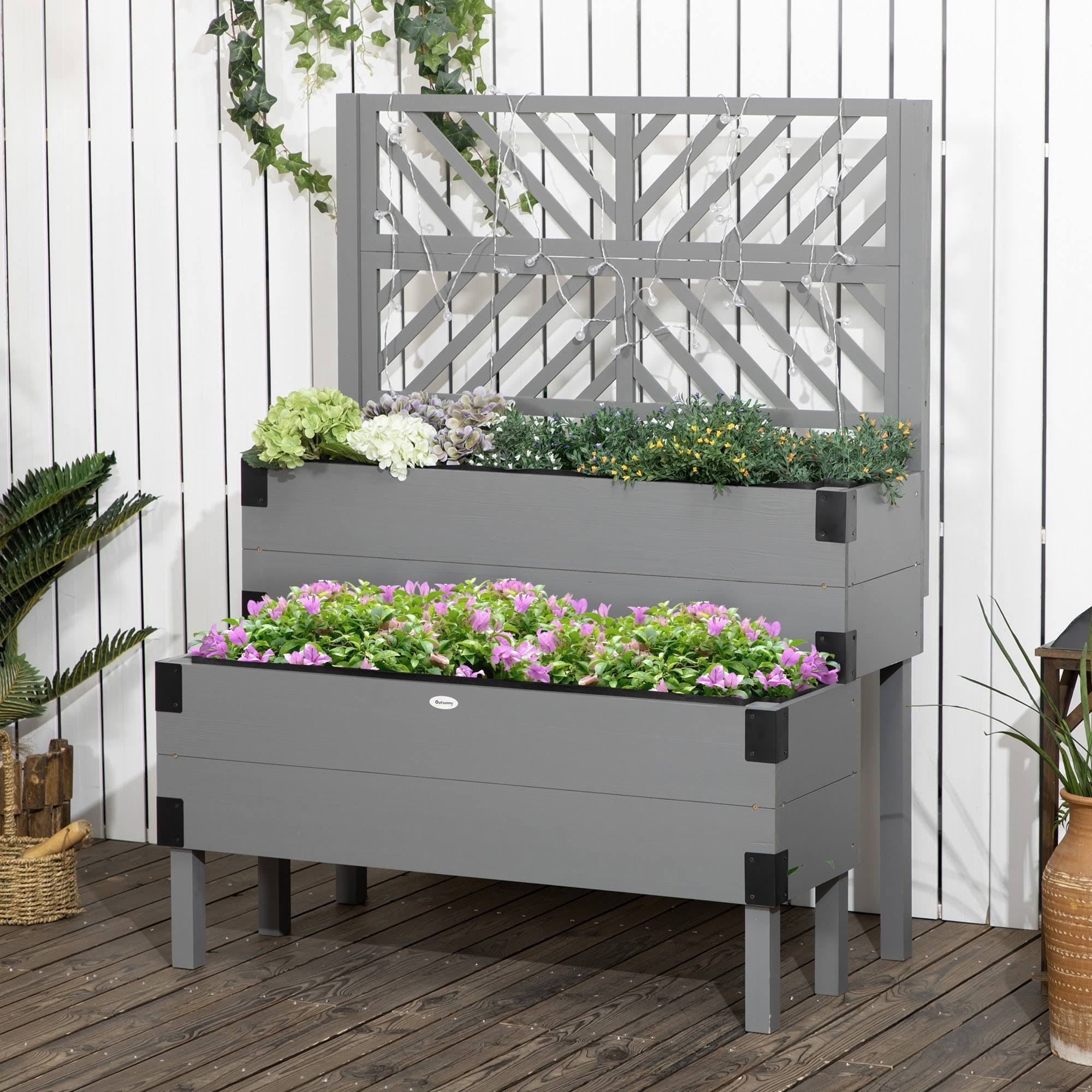 b3e50455894689643755ae013bd5dd7cb1d958a15696dcbf9c43a1e4926270bc.jpg Outsunny 2 Tier Raised Garden Bed with Trellis, Wooden Elevated Planter Box with Legs and Metal Corners, for Vegetables, Flowers, Herbs, Gray - Image 1