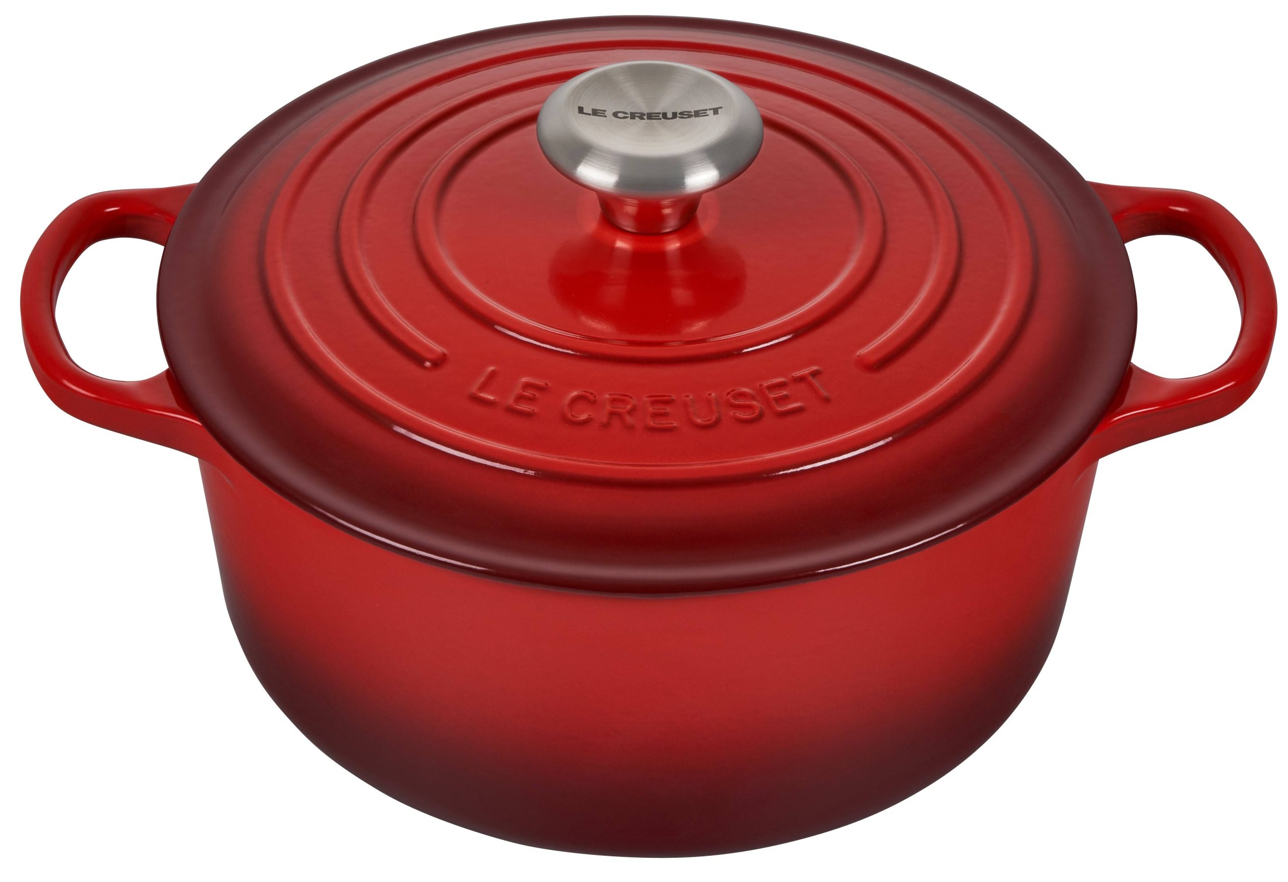 b42fcfa3abfe1d23147651d5bd1ab86df9b8fe74eec7533b5dd92e43d556bf49.jpg Le Creuset 5.5 Qt. Signature Round Dutch Oven - Cerise - Image 1