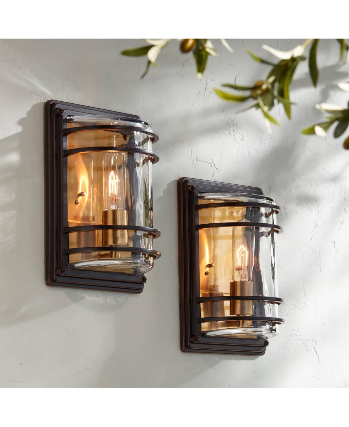b45487cb36d0aaa2da5e12164088c6cf2f9a61ed38f8528a6123ca5493d81e9f.jpg John Timberland Habitat Rustic Industrial Outdoor Wall Light Fixtures Set of 2 Bronze Warm Brass 11" Clear Glass for Post Exterior Barn Deck House - Image 1