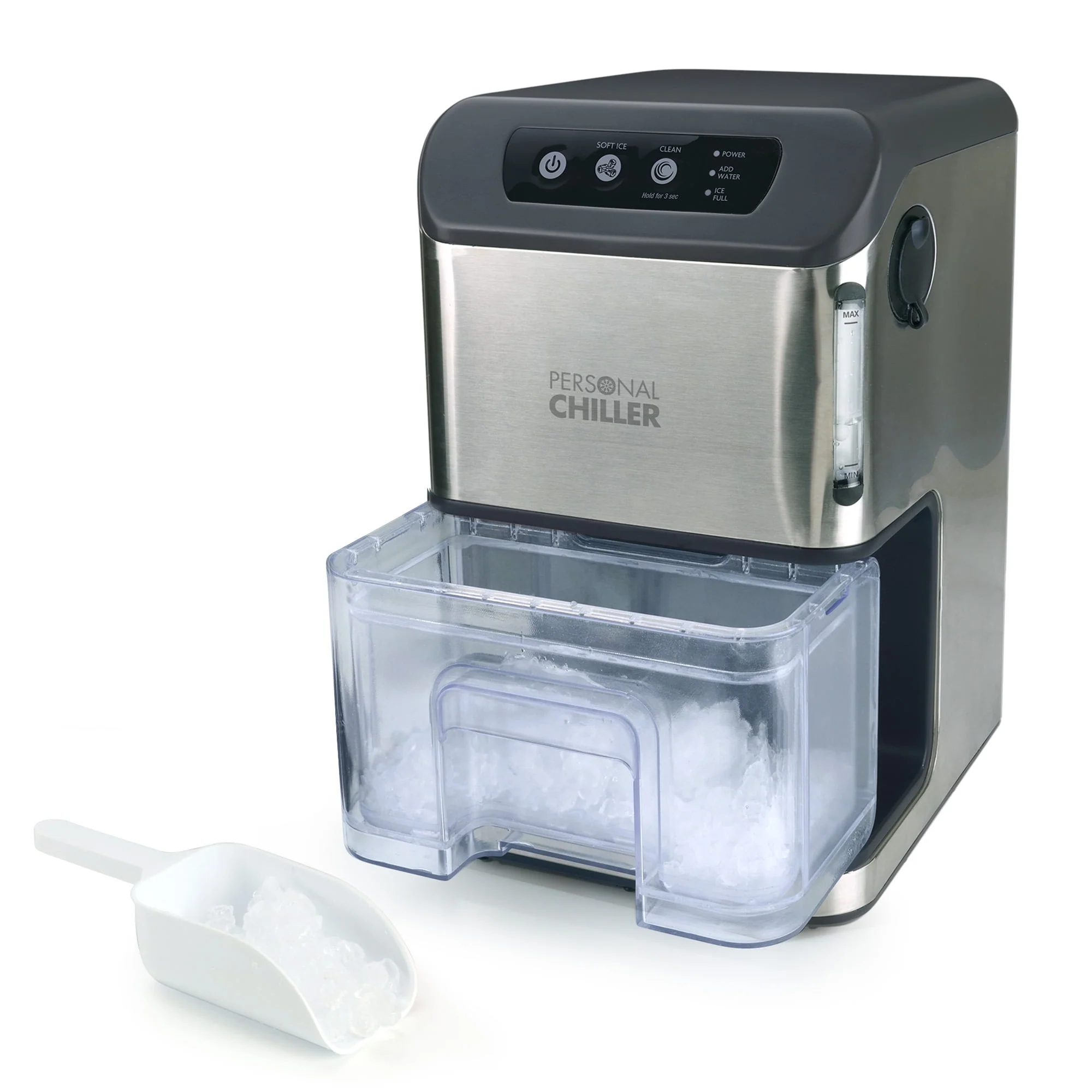 b48413bfd8159d05afdccd6e1b573cea961a18da088d26f8b989d4fc42cdd884.webp Personal Chiller Portable Countertop Ice Maker, Ice Nuggets, Stainless Steel - Image 1
