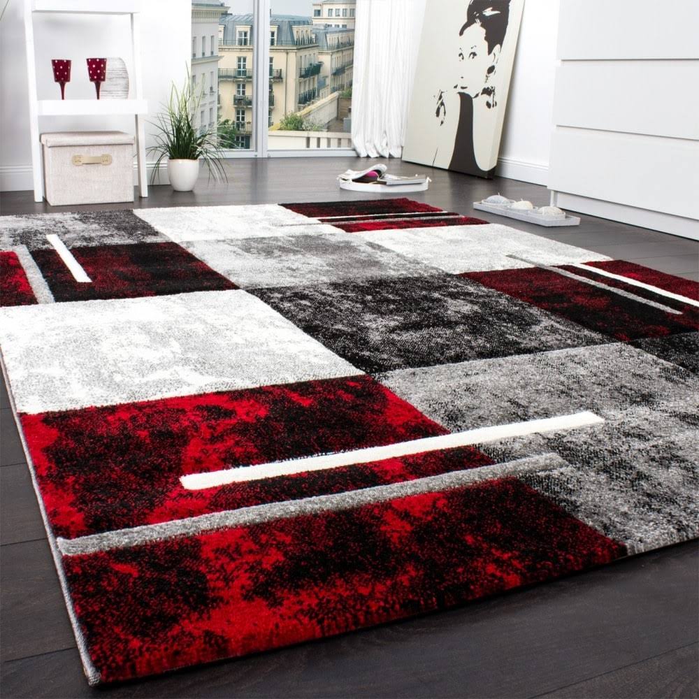 b4c813ffb6ff950cf390bbc2c6e0360a14fb5c4636c23f4b9f31728bf722692e.jpg Paco Home Modern Designer Area Rug Checkered with Contour Cut Grey-Red 5'3 inch x 7'7 inch 5' x 8' Runner, Indoor Silver, Size: 5'3 x 7'7 - Image 1