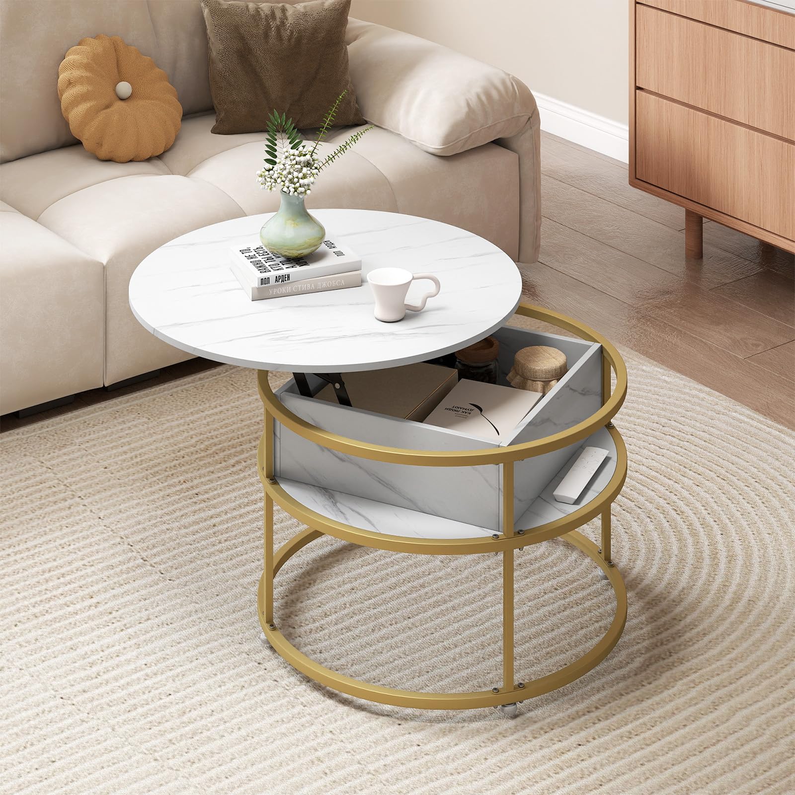 b4db1ae953359e7e89077cd5106fd57c7a0e46fae6b073a3fd32120d1dd68dcd.jpg Tangkula Lift Top Coffee Table 31.5" Round Center Table with Hidden Compartment & Side Shelves - Image 1