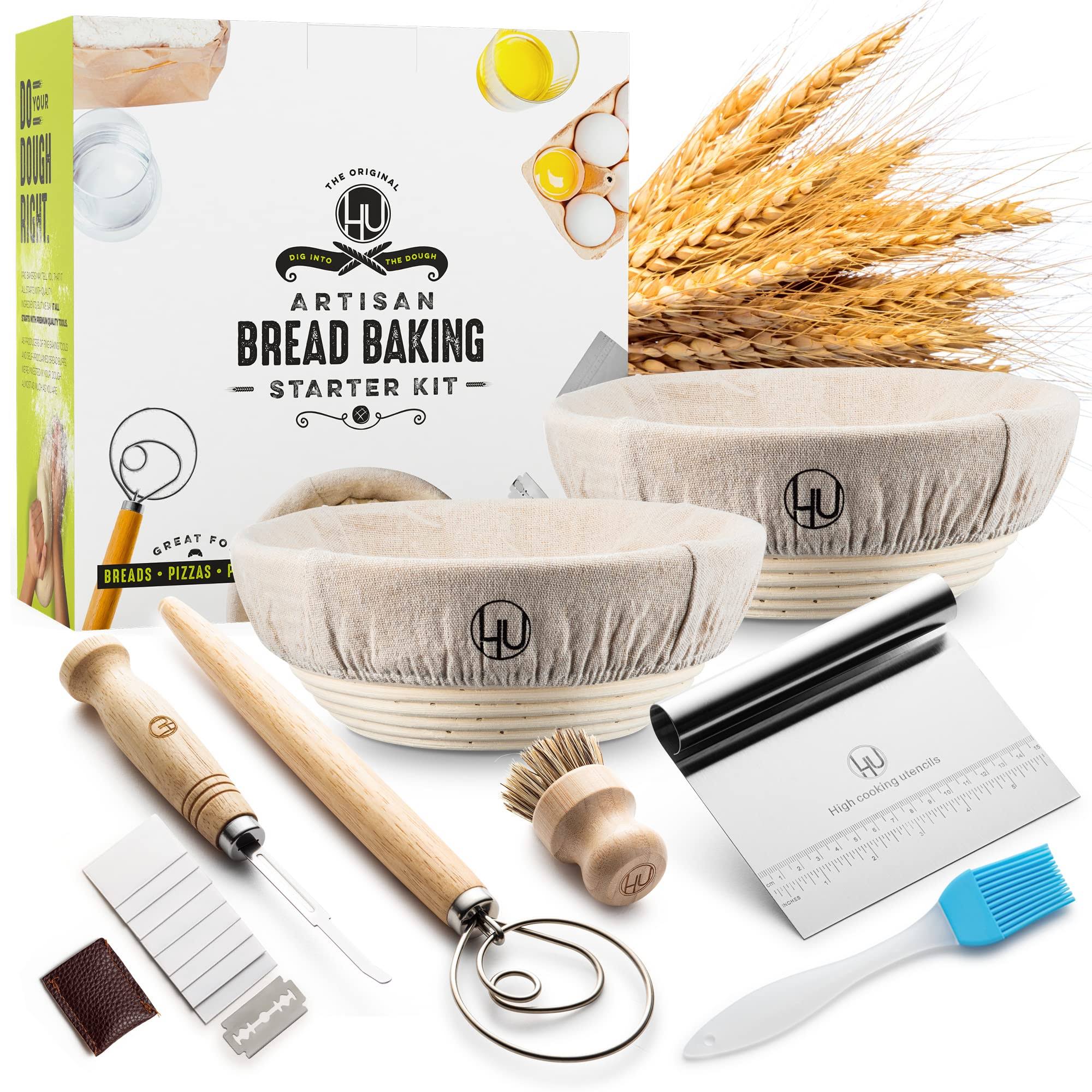 b4f21734c4fadbdceb1ff0793e7644aae29ea1bce0f993556de87c50e083b24b.jpg LHU Sourdough Start Kit - Sourdough Bread Baking Supplies 2 Banneton Bread Proofing Basket Bowls, 2 Cloths, Whisk, Bread Lame, Dough Scraper, 2 - Image 1