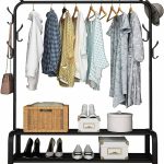 UDEAR Garment Rack Free-Standing Clothes Rack with Top Rod,Lower Storage and 6 Hooks,Black
