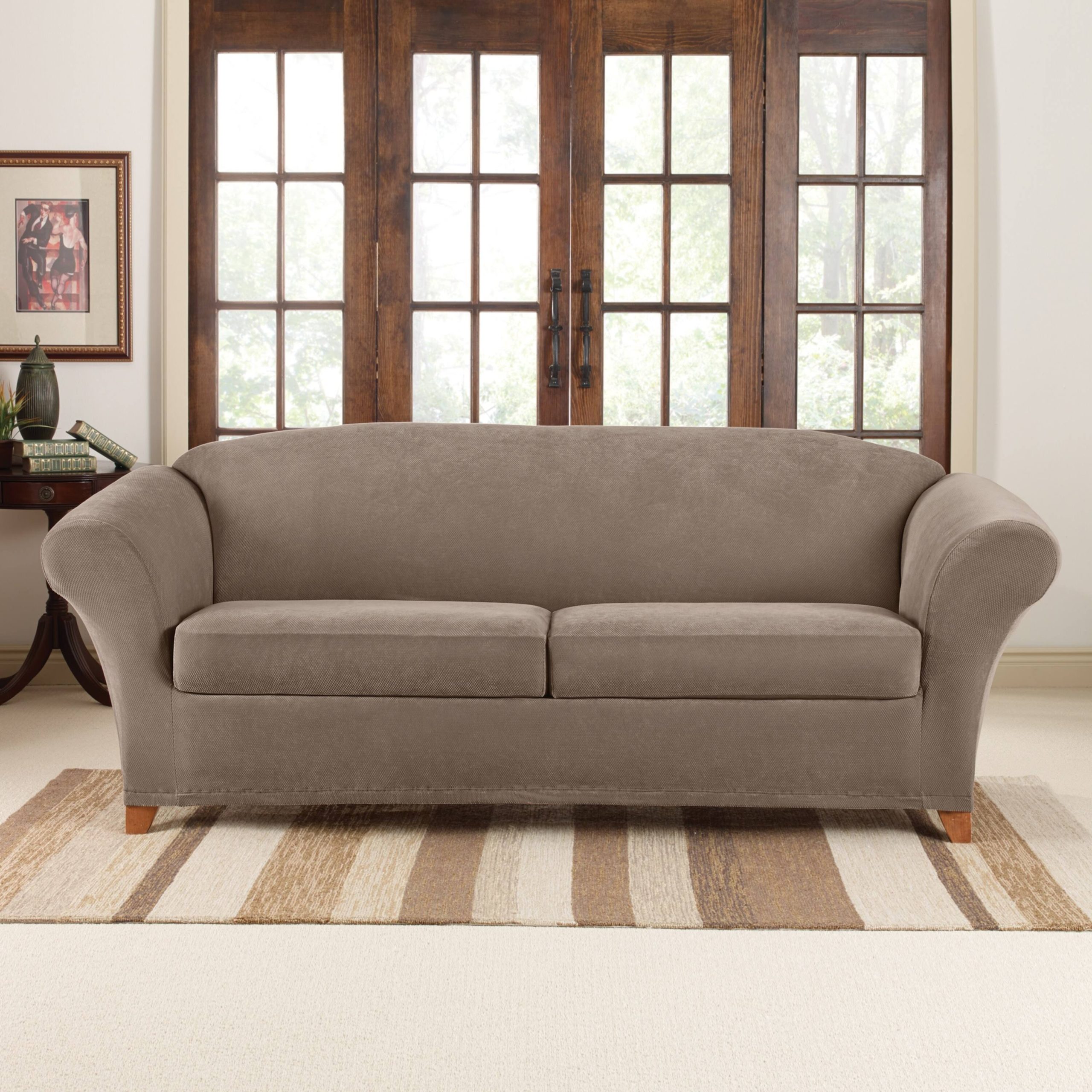 b521bc45b0787a9835c1c66e92c2f5c44a7891a6d5503ff0dfcd7b62e018479d.jpg Sure Fit Stretch Pique 2 Cushion Sofa Slipcover - Taupe - Image 1
