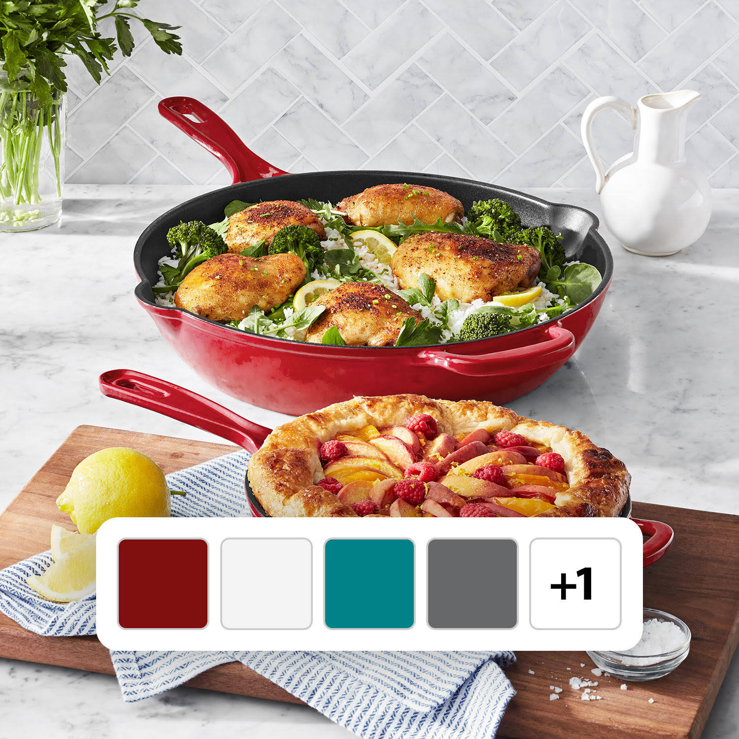 b5551383b8132929bfbb0ef3147aa103813bef44c2d9c31a19975872eb307260.jpg Member's Mark 2-Piece Enamel Cast Iron Skillet Set (Red) - Image 1