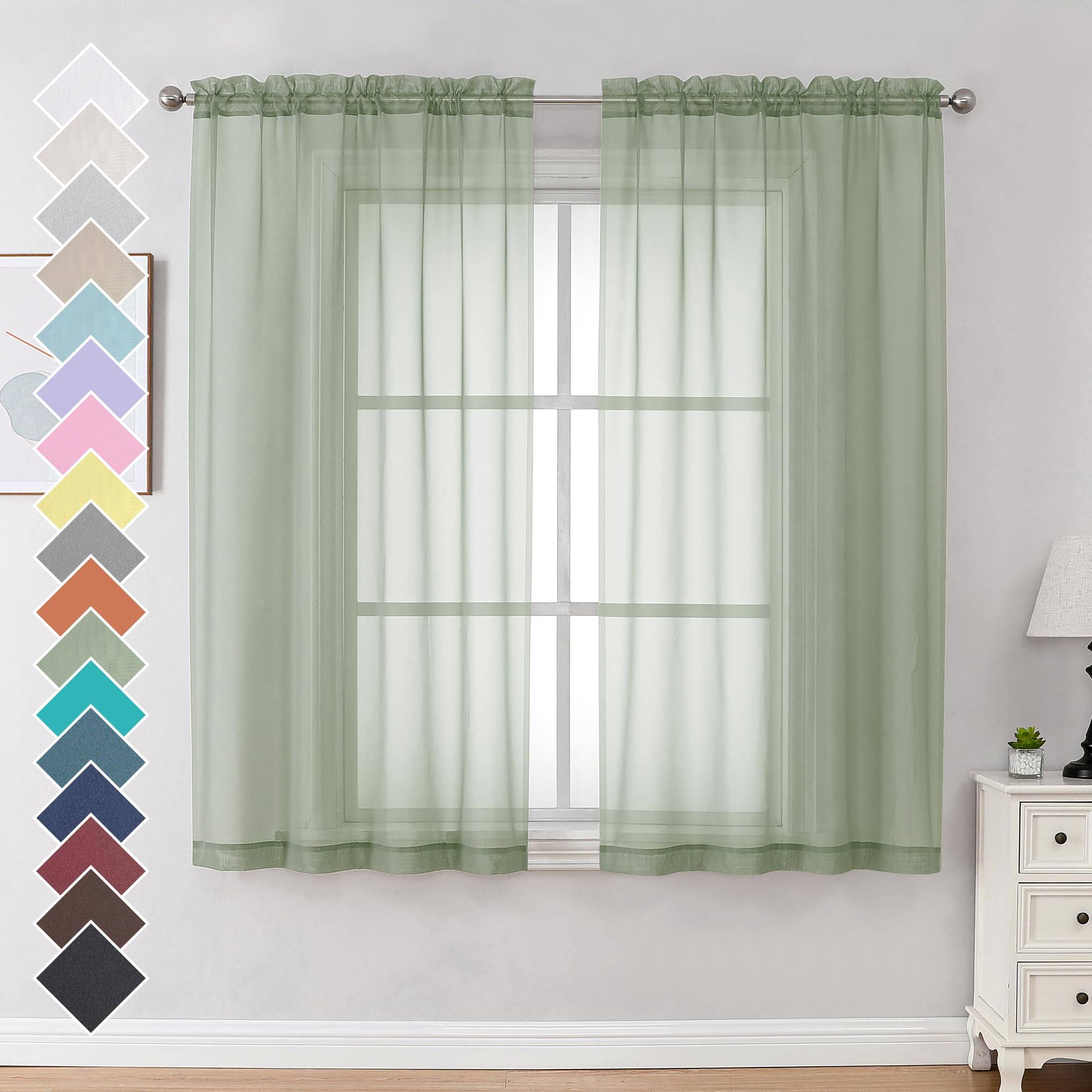 b583ff32f1c4657c9b976819a38869744fe9dd303ff228391968942453824167-1.jpg OVZME Light Green Sheer Curtains 63 inch Length 2 Panels Set for Farmhouse/Kitchen Room, Elegant Light Filtering Voile Window Treatments, Each Is - Image 1