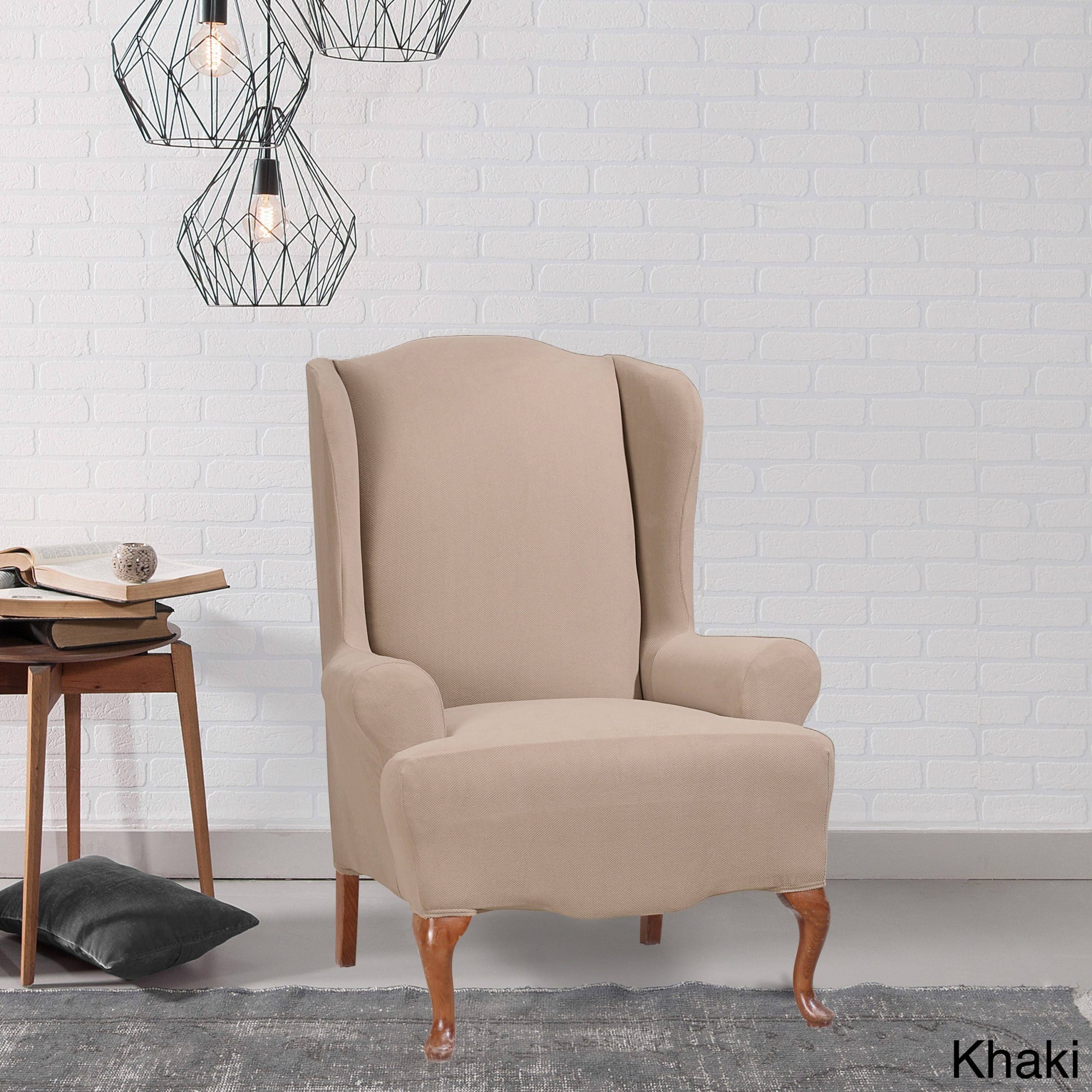 b597860c4137c888369b1fac13ba50cc11845170d320662803f440ae37985f0e.jpg Khaki Stretch Morgan Wing Chair Slipcover - Sure Fit - Image 1