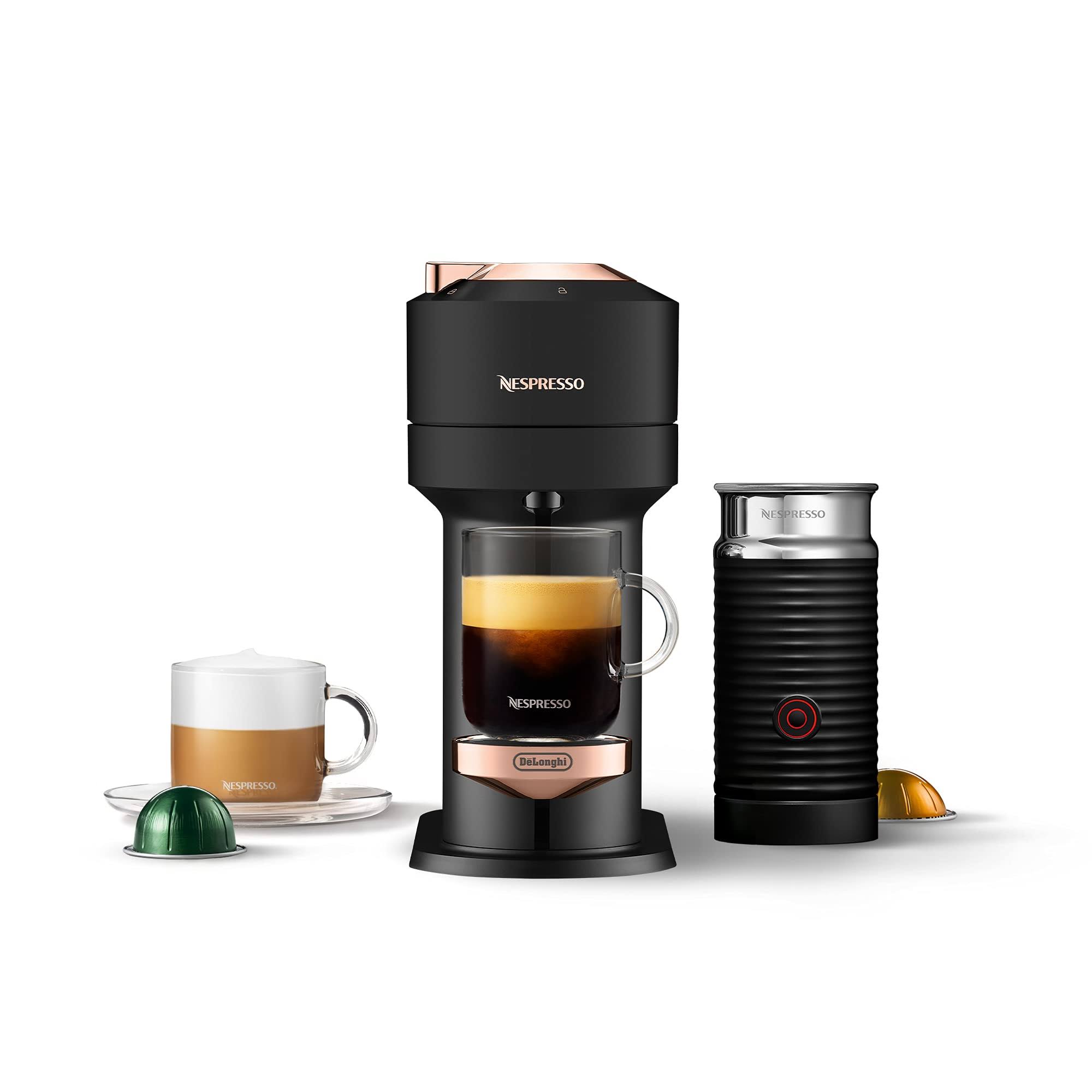 b5ef29ee91e7bbf3b5909c9958cc7cd2e6fb59b5b034c5bab48731a790397bf2.jpg Nespresso Vertuo Next Coffee and Espresso Machine by De'Longhi with Milk Frother Black Matte Rose Gold - Image 1