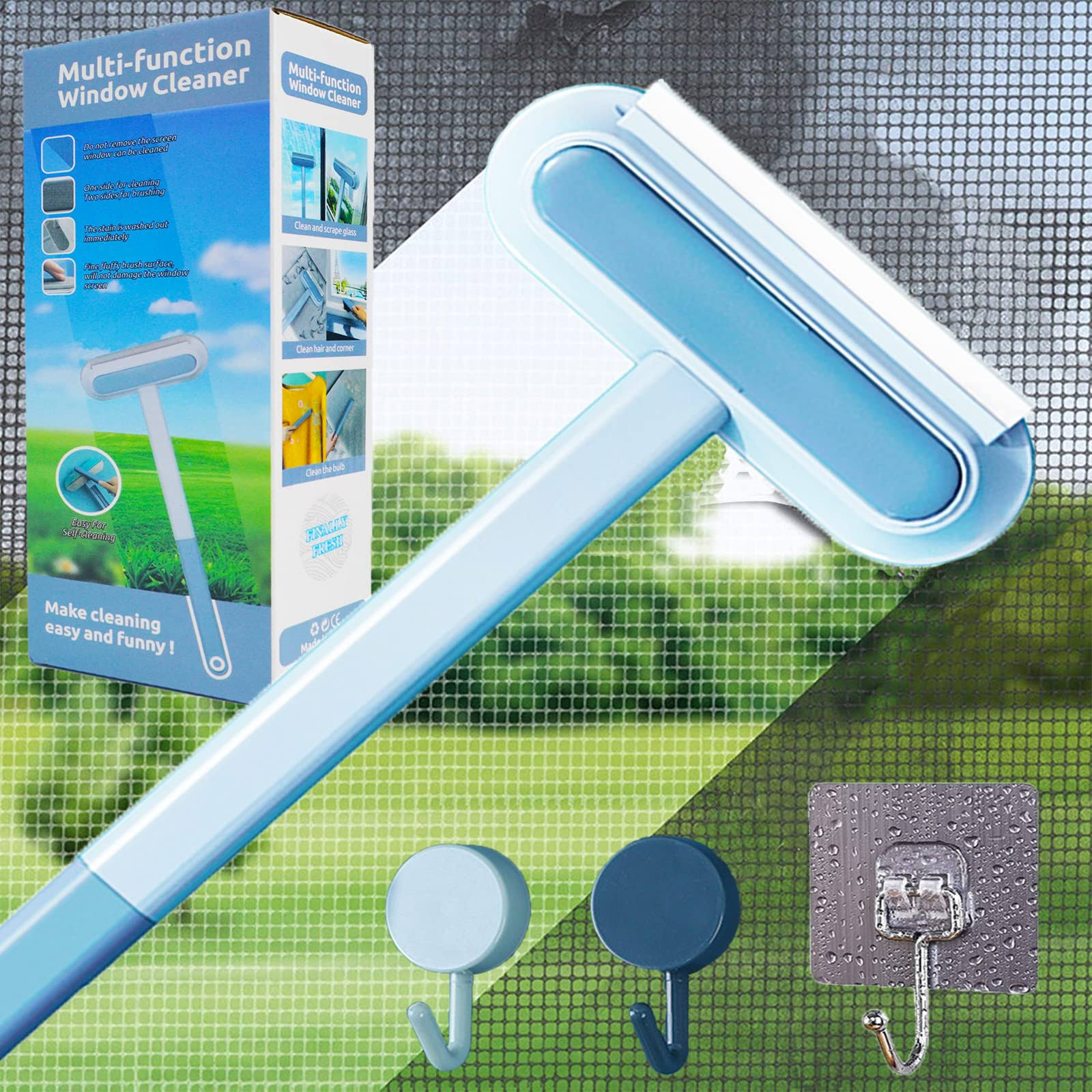 b61646de1cb9b693ef49cbf3c7f8ab8736ef47eb17e09b7efabf8439f64521c6.jpg Magic Window Screen Cleaner Brush 4 in 1 with Handle, Also Suitable for Window Washer Squeegee Kit, Window Track or Seal Cleaning Tools - Image 1