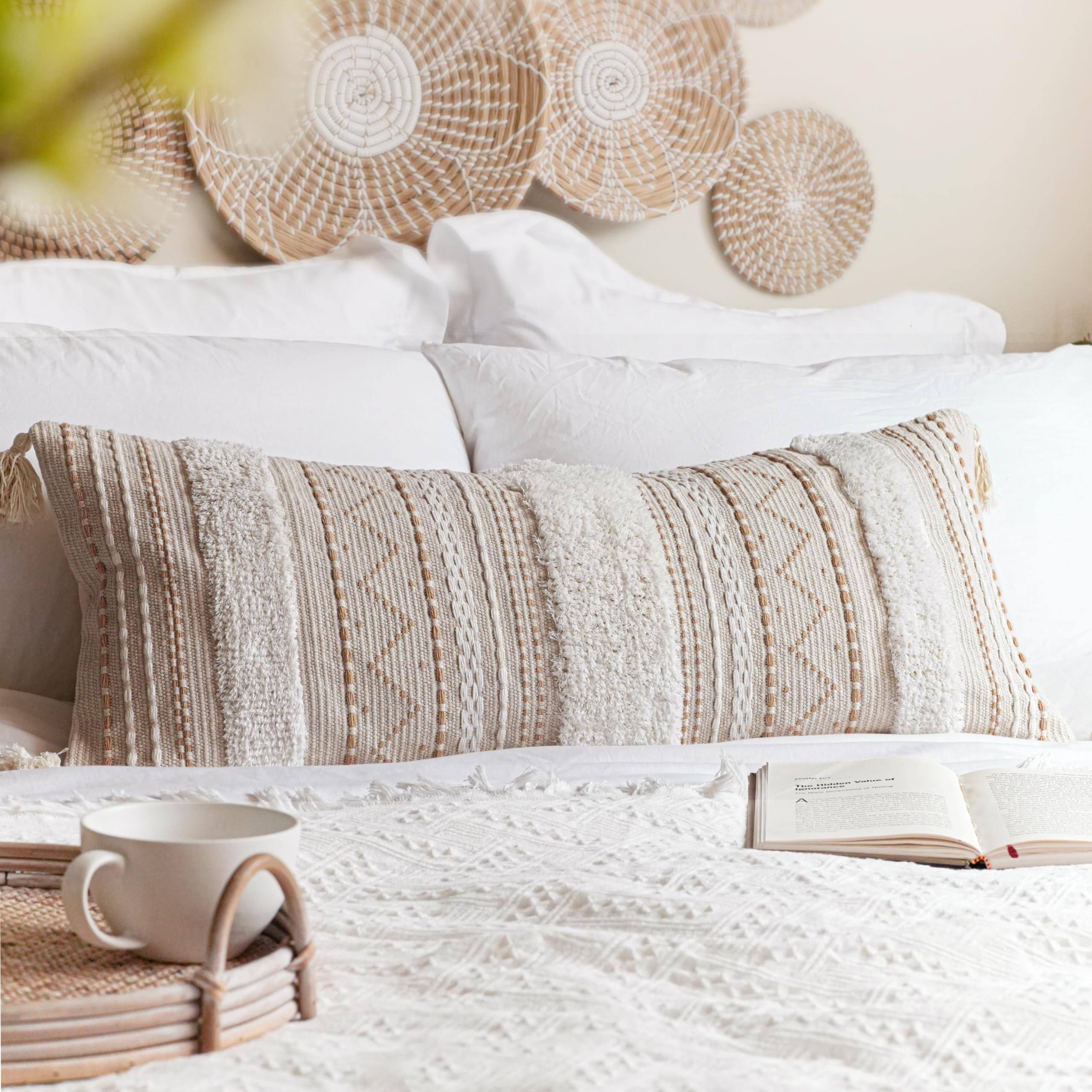 b67f77ad19552b84aa28deeaf0b25a058163fe835293ed6a71031324dcfd3c80.jpg BlissBlush Cream Decorative Lumbar Throw Pillow Cover 14x36 Boho Long Cushion for Bed Neutral Beige White Accent Farmhouse Pillowcase for Bedroom - Image 1