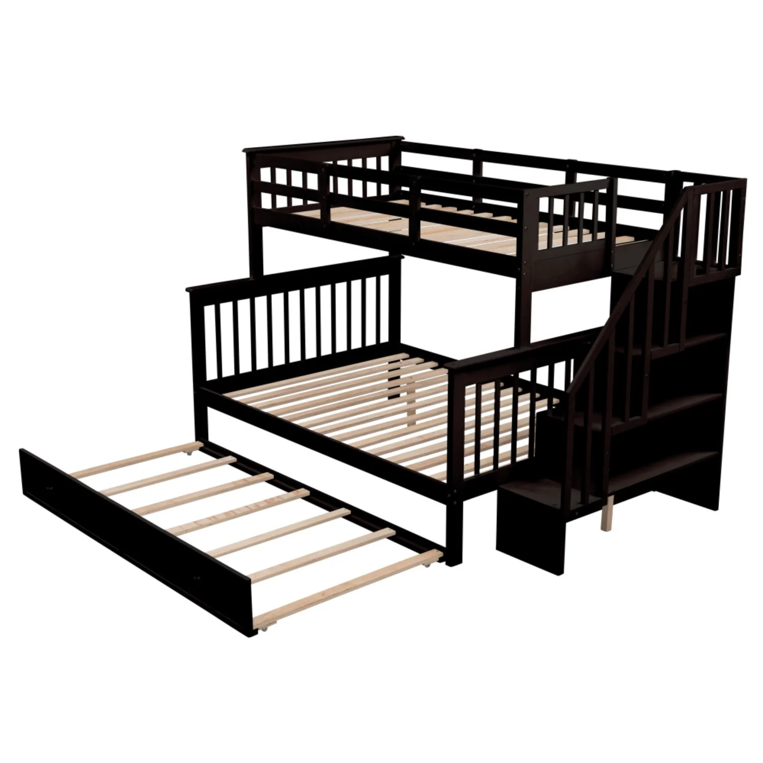 b6850d7e449a1e737915597d29a7bebb804828d786336c3ec3e00b5a3fdb41d4.webp AECOJOY Twin-Over-Full Bunk Bed with Twin size Trundle, Storage and Guard Rail for Bedroom, Espresso - Image 1
