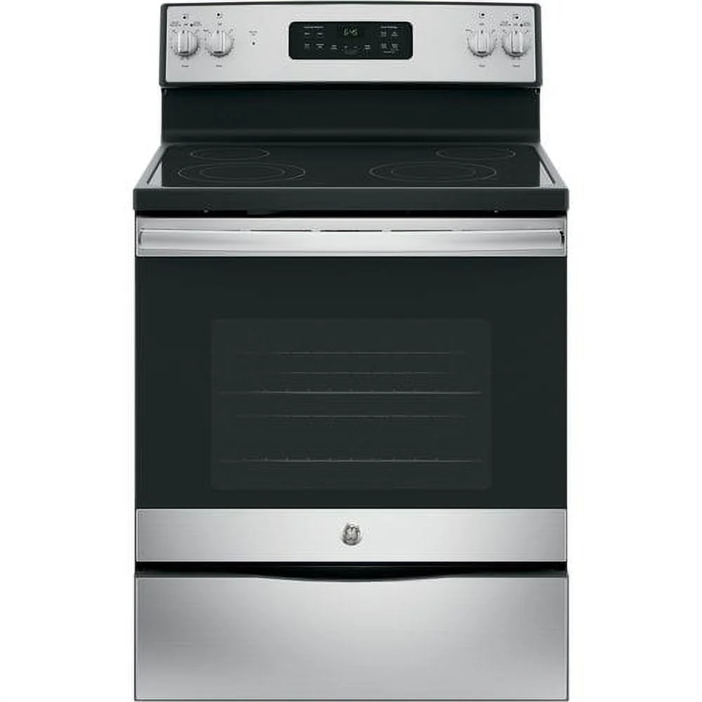 b68a8b5c6aa323f2d5f288f8366ddfe79a3a2801e3da85cd79eb524121534cb2.webp Ge® Appliances 30" Free - Standing Electric Range Model JB645RKSS in Stainless Steel. APPROXIMATE DIMENSIONS (Hxwxd) 47 Height x 29 7/8 Width x 28 Dimension In. Two 9"/6" Power Boil Elements, Self - Clean Oven and Dual - Element Bake - Image 1