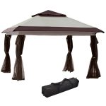 Outsunny 12' x 12' Pop Up Canopy Sun Shade Instant Tent Folding with Mesh Sidewall Netting, 3-Level Adjustable Height and Storage Bag, Beige - Beige/k