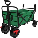 BEAU JARDIN Folding Wagon Cart with Brake Free Standing Collapsible Utility Camping Grocery Canvas Fabric Sturdy Portable Rolling Buggies Outdoor Garden Sport Heavyduty Shopping Cart Push Wagon Green