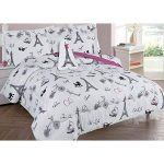 Golden Linens Full Size 8 Pieces Printed Comforter with Sheet Set Bed in Bag Multi Colors White Black Pink Paris Eiffel Tower Design Girls/Kids