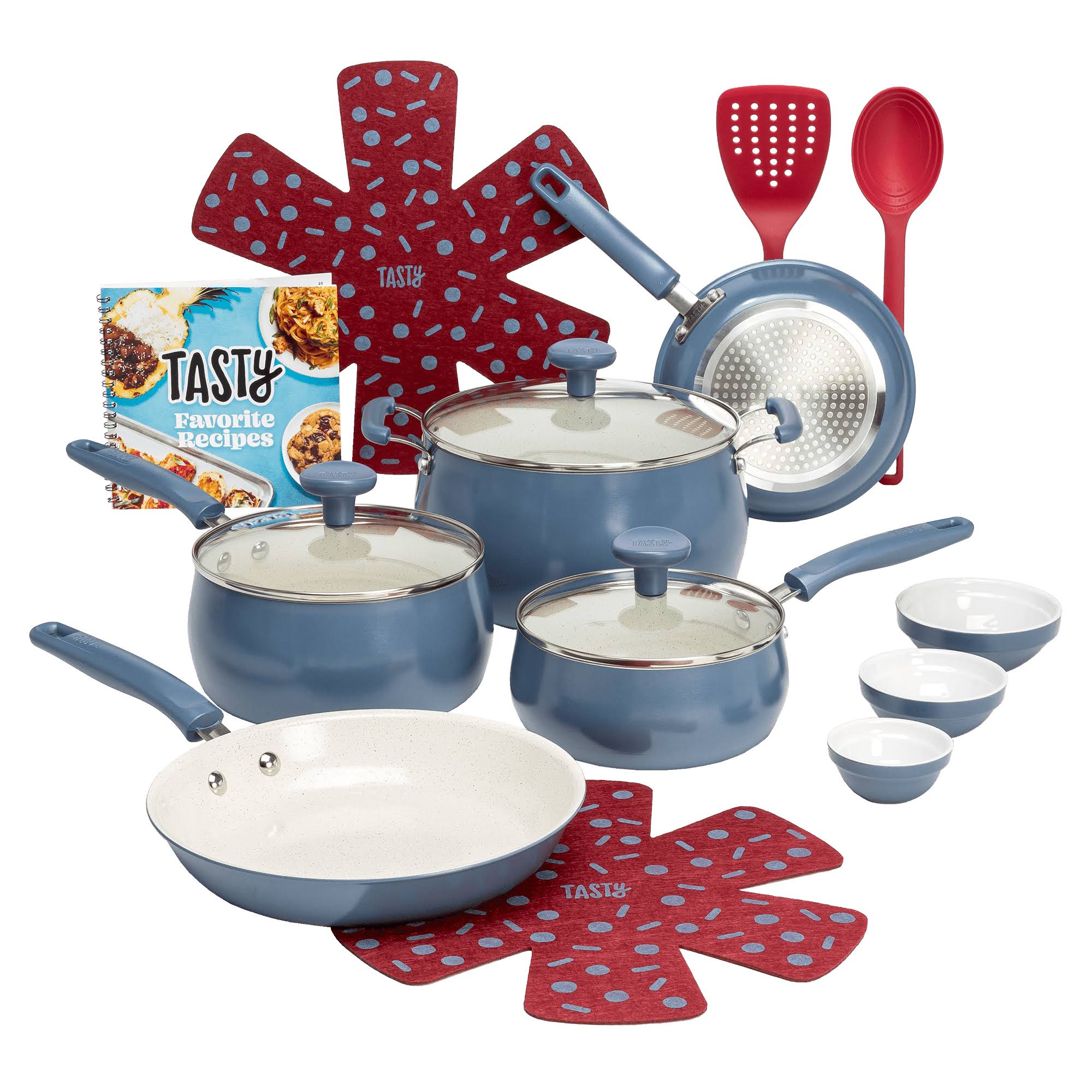 b73f77152e0b6d3d60894b38e65c7990c5a1096fb48323d46a7dce73e97a8b94.jpg Tasty Clean Ceramic 16 Piece Non-Stick Aluminum Cookware Set, Slate Blue - Image 1