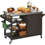 Dextrus Grill Carts Outdoor with Storage Cabinet and Wheels, Solid Wood Movable Dining Cart Table, with Stainless Steel Top, Spice Rack, and Side Handle, Kitchen Island with Storage or Bar Cart, Brown