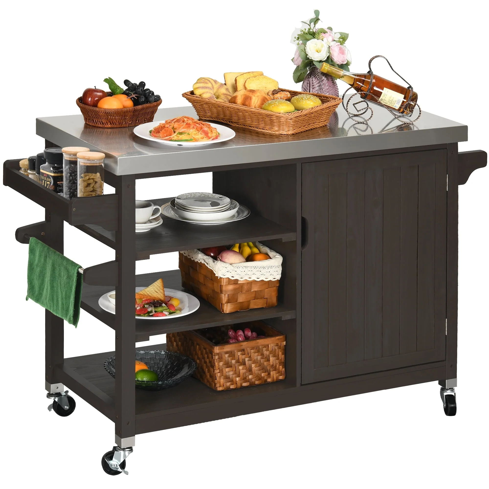 b75c9d187bc88af21f8a9238a8d0bd8ebd7b20f116710955218484a2a415a6ab.webp Dextrus Grill Carts Outdoor with Storage Cabinet and Wheels, Solid Wood Movable Dining Cart Table, with Stainless Steel Top, Spice Rack, and Side Handle, Kitchen Island with Storage or Bar Cart, Brown - Image 1