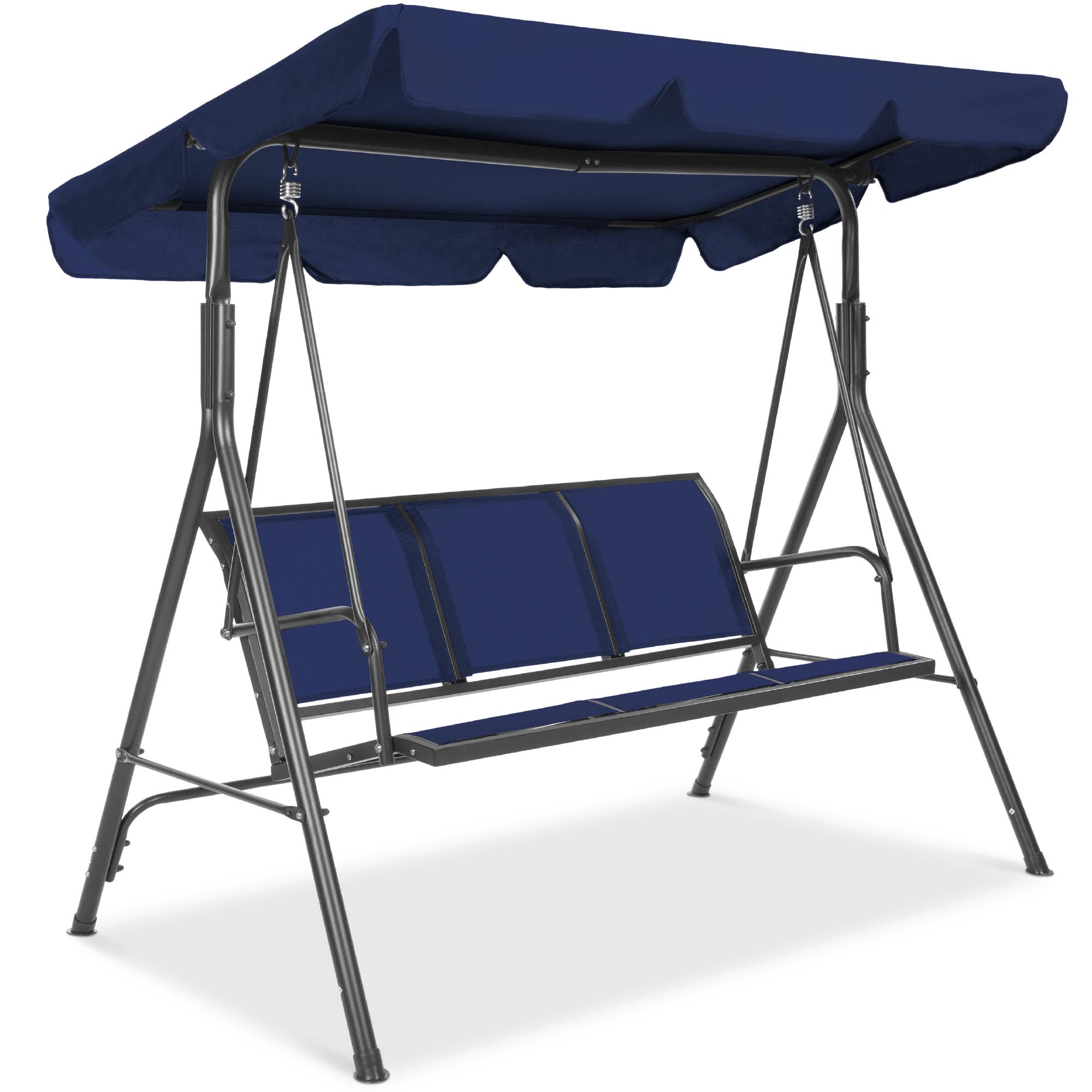 b77a02fa90326597b138f3a221a72e227bd8c8aface86ef3f85cd80c86adf4ae.jpg Best Choice Products 2-Seater Outdoor Adjustable Canopy Swing Glider Patio Bench w/ Textilene, Steel Frame - Navy - Image 1