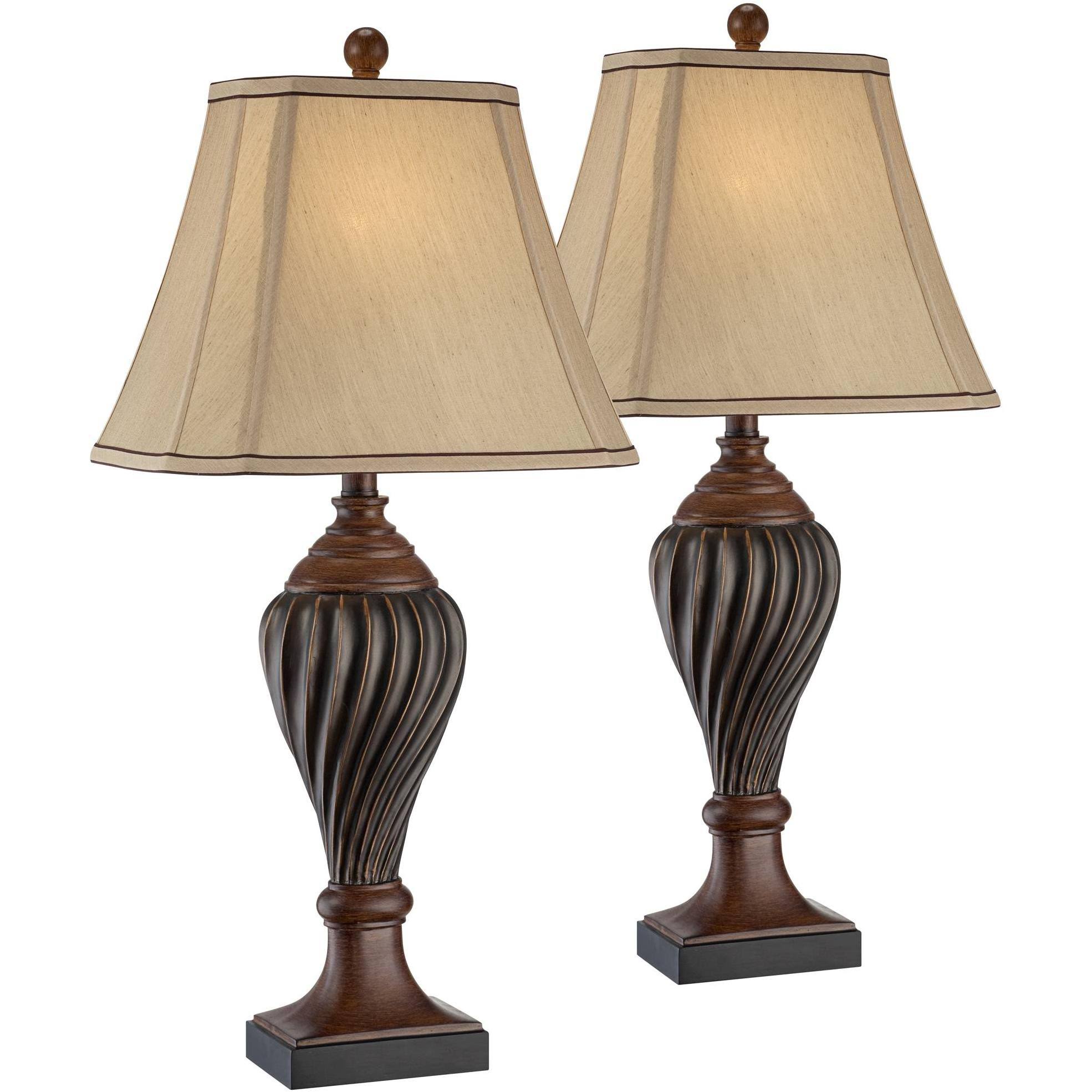 b7dc0ea5b30e82fa5bd37414acfbf221820dab00255002f928bfd07005fa97ad.jpg Regency Hill Traditional Table Lamps Set of 2 Carved Two Tone Brown Urn Beige Rectangular Shade for Living Room Family Bedroom - Image 1