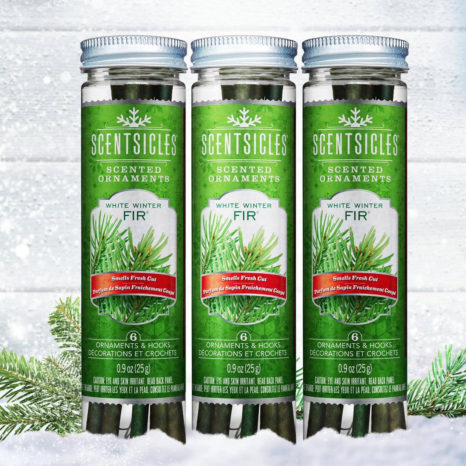 b833e8174943057496c352a14aae67d0bf14d9946c4ccb8d09cc554fa2e66a08.jpg Scentsicles White Winter Fir Scented Ornaments with Hooks - 3 Bottles (18 Sticks Total) - Image 1