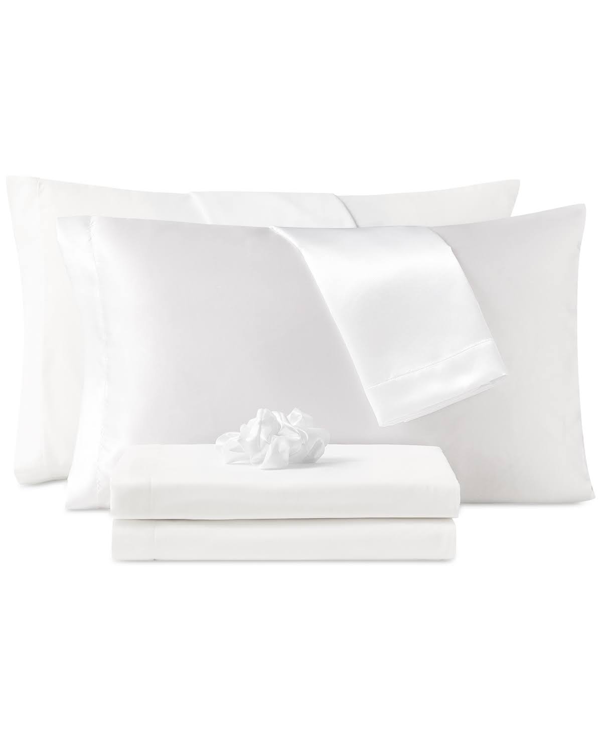 b89305b8cb77423d9c60c755f254015ce1cc1f22572fb8a4264413c61243b392.jpg Sanders Microfiber 7-pc. Sheet Set with Satin Pillowcases and Satin Hair-Tie, Queen - White - Image 1