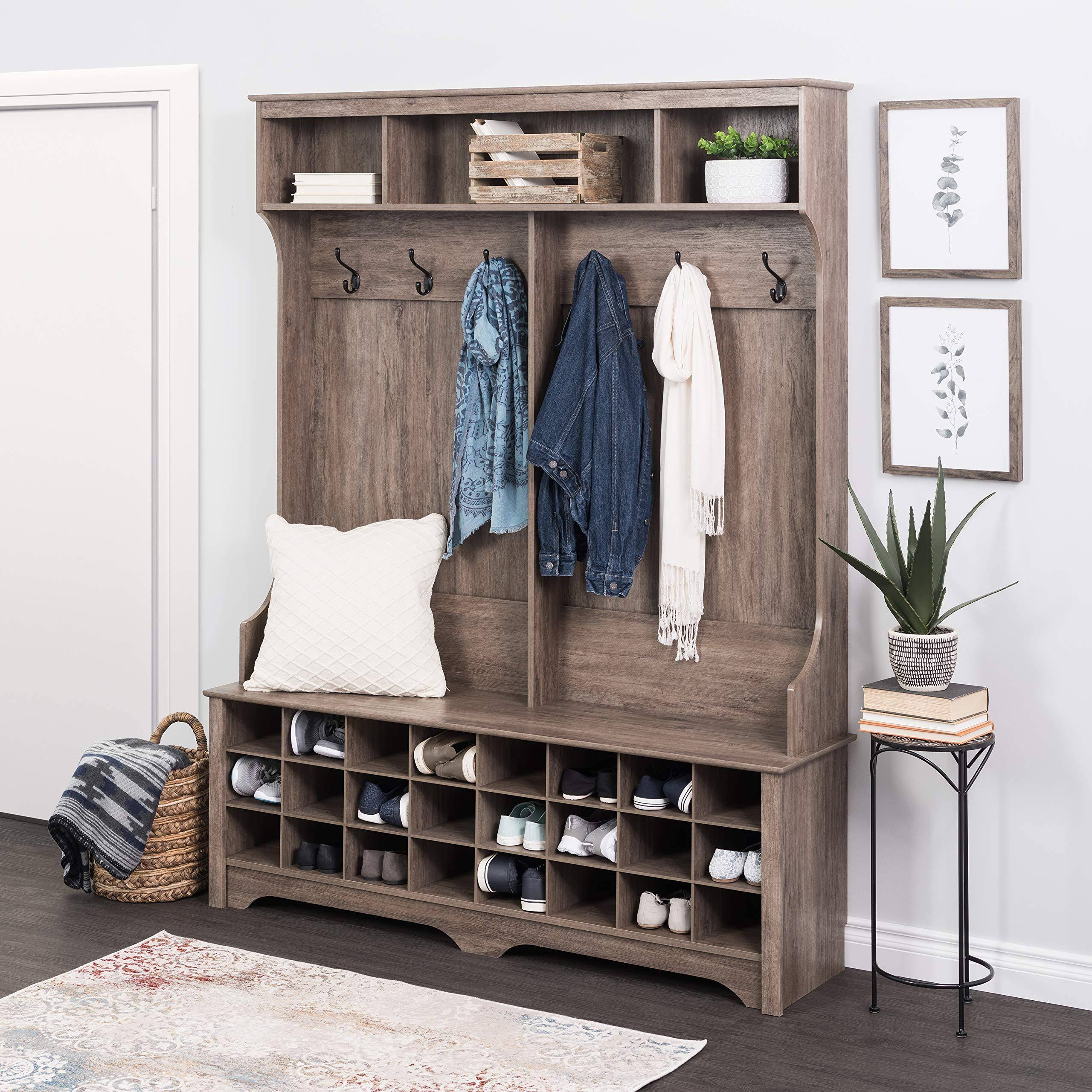 b8d33ae5726bffa49eabfd561819205f7cb3acd040648f630b62103335e98b9f.jpg Prepac 60" Wide Hall Tree with 21 Shoe Cubbies, Drifted Gray - Image 1