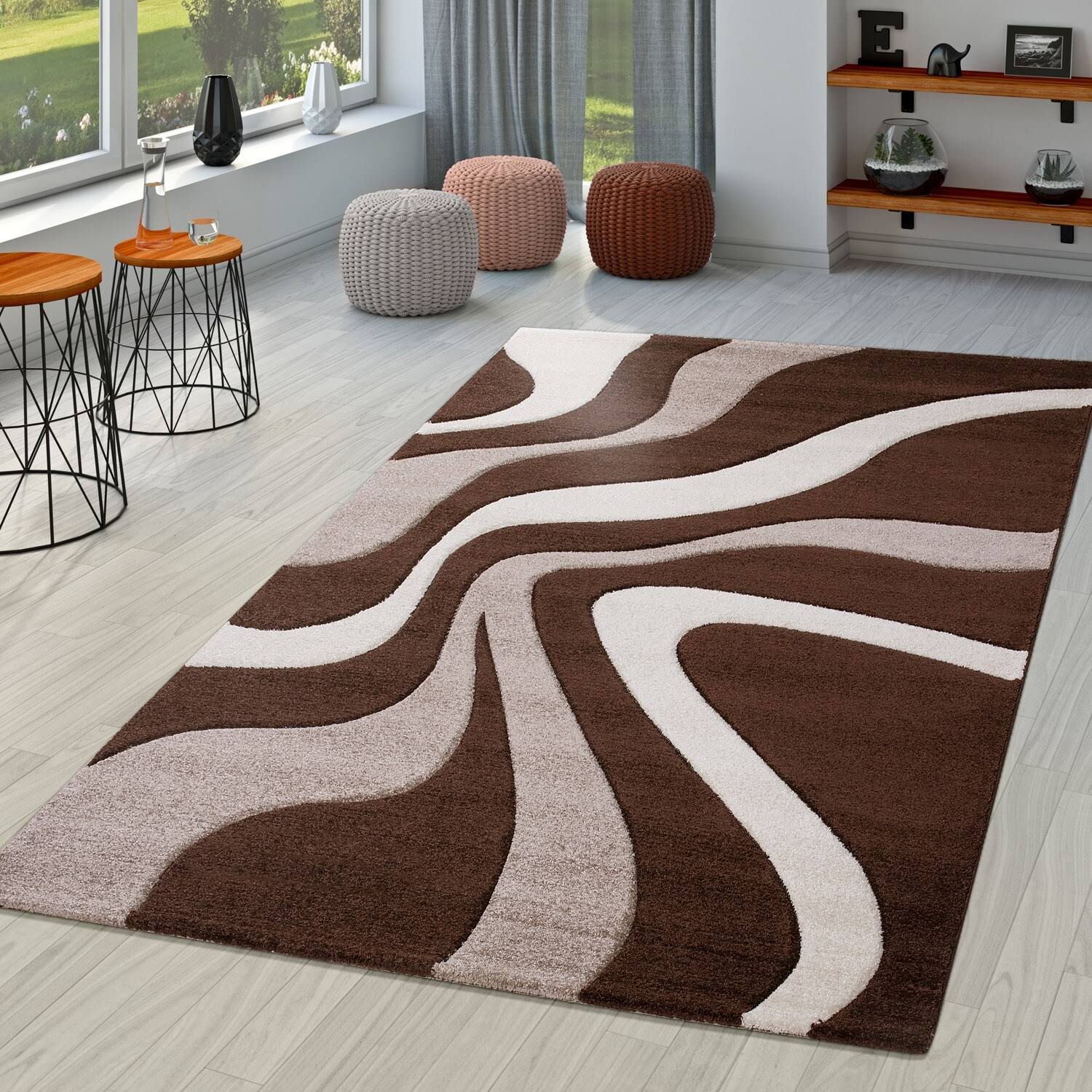 b8dd8d7fd976a19f0a06f3a049ccaa13a9c9d40c4ed899426ec84808fb1151f2.jpg Paco Home Designer Area Rug with Contour Cut and Modern Wave Pattern - 2' x 3'7" - Brown - Image 1