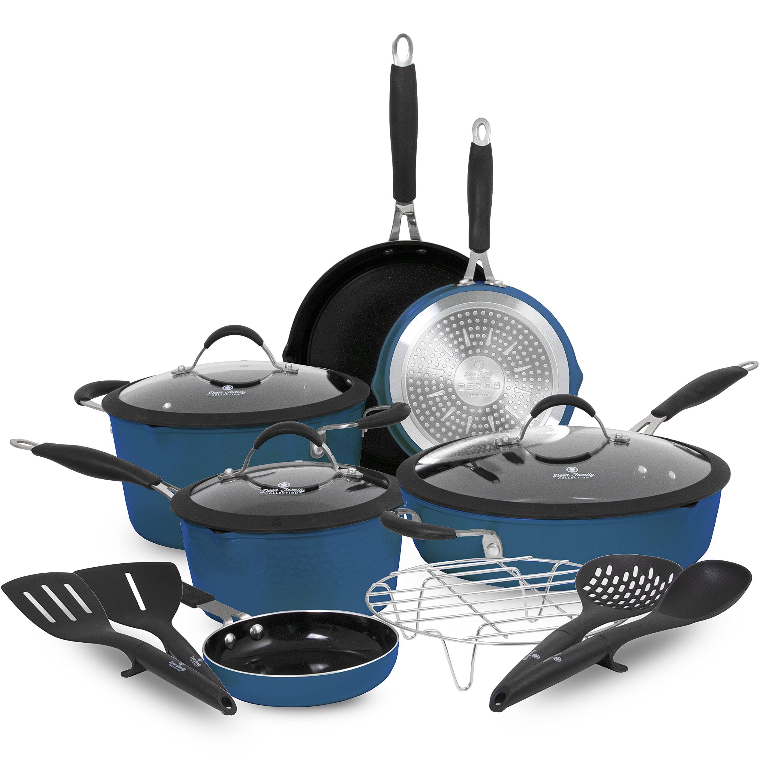 b8efbd1867dc59ea24e5056494d37f126e27c4548bb705e2674ec2195c5478b7.jpg Paula Deen DFCW12SB Family 14 Piece Ceramic Non-Stick Cookware Set 100% PFOA-Free and Induction Ready Savannah Blue - Image 1