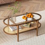 2-Tier Oval Boho Coffee Table with Tempered Glass Top, Rattan Shelf & Acacia Wood Frame, Mid Century Modern Center Table for Living Room Office