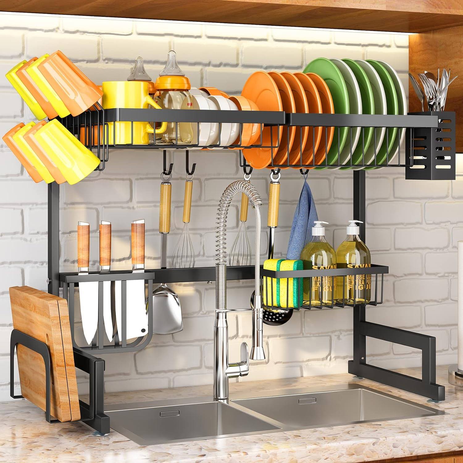 b9457c053775321626a675a154a1a98cb47c51de2a7540687152cf319a5c761f.jpg SNTD Over The Sink Dish Drying Rack, Adjustable (26.8" to 34.6") Large Dish Drying Rack for Kitchen Counter with Multiple Baskets Utensil Sponge - Image 1
