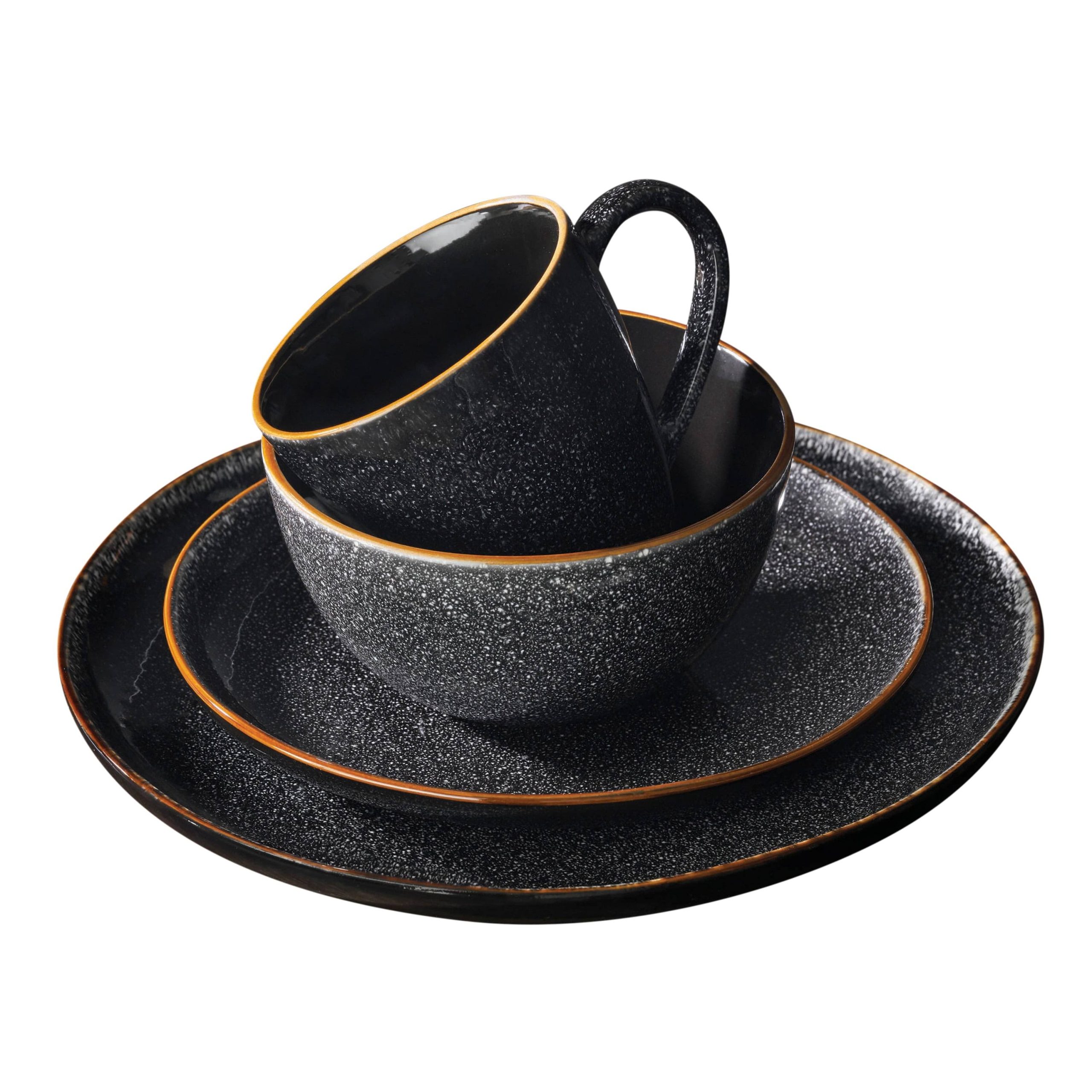 b978253f3e3993b7c38636307ecada2001981236eccf2bbdc3e865ea224090ec.jpg Better Homes & Gardens 16-Piece Burns Dinnerware Set, Black Speckled - Image 1