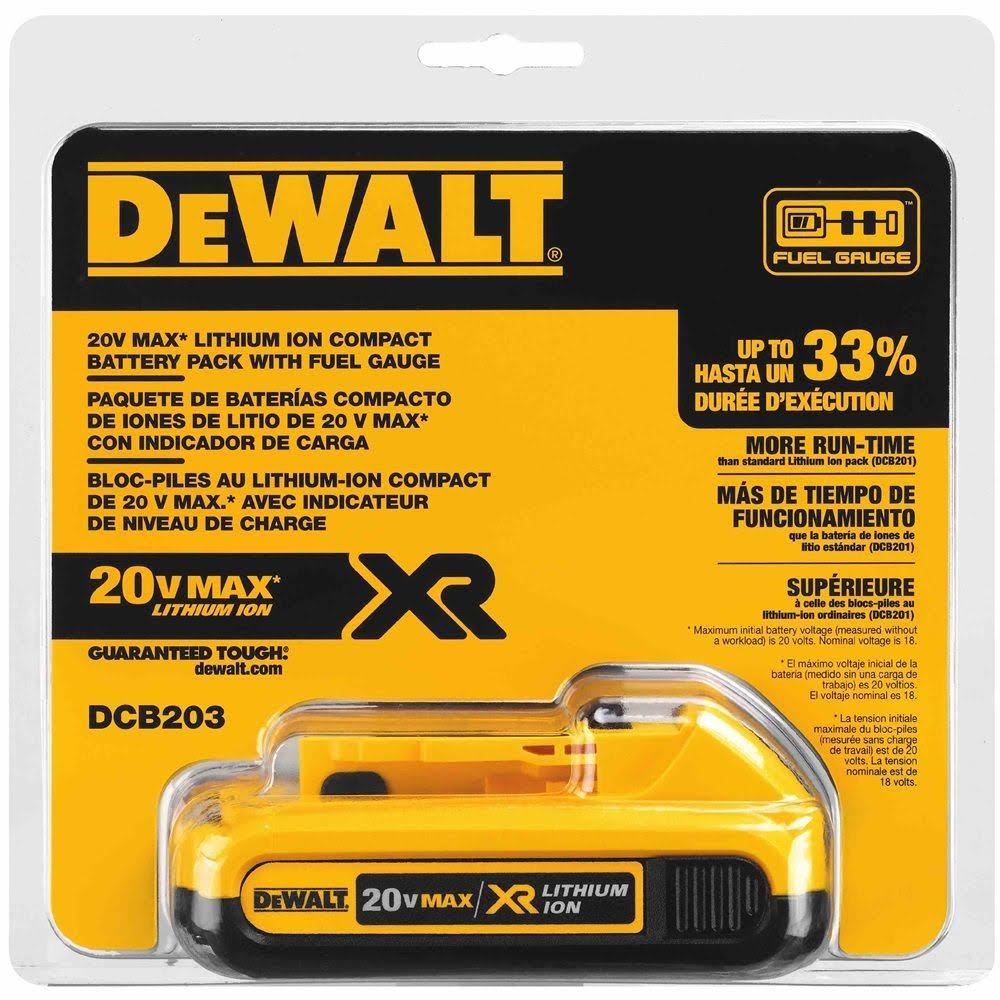 b978b2946e0aa4b7bdc79ea8f44ebdfea30f6be25f4937ba8374159c0c2025e5.jpg Dewalt DCB203 MAX Compact Lithium Ion Battery Pack - 20 V - Image 1