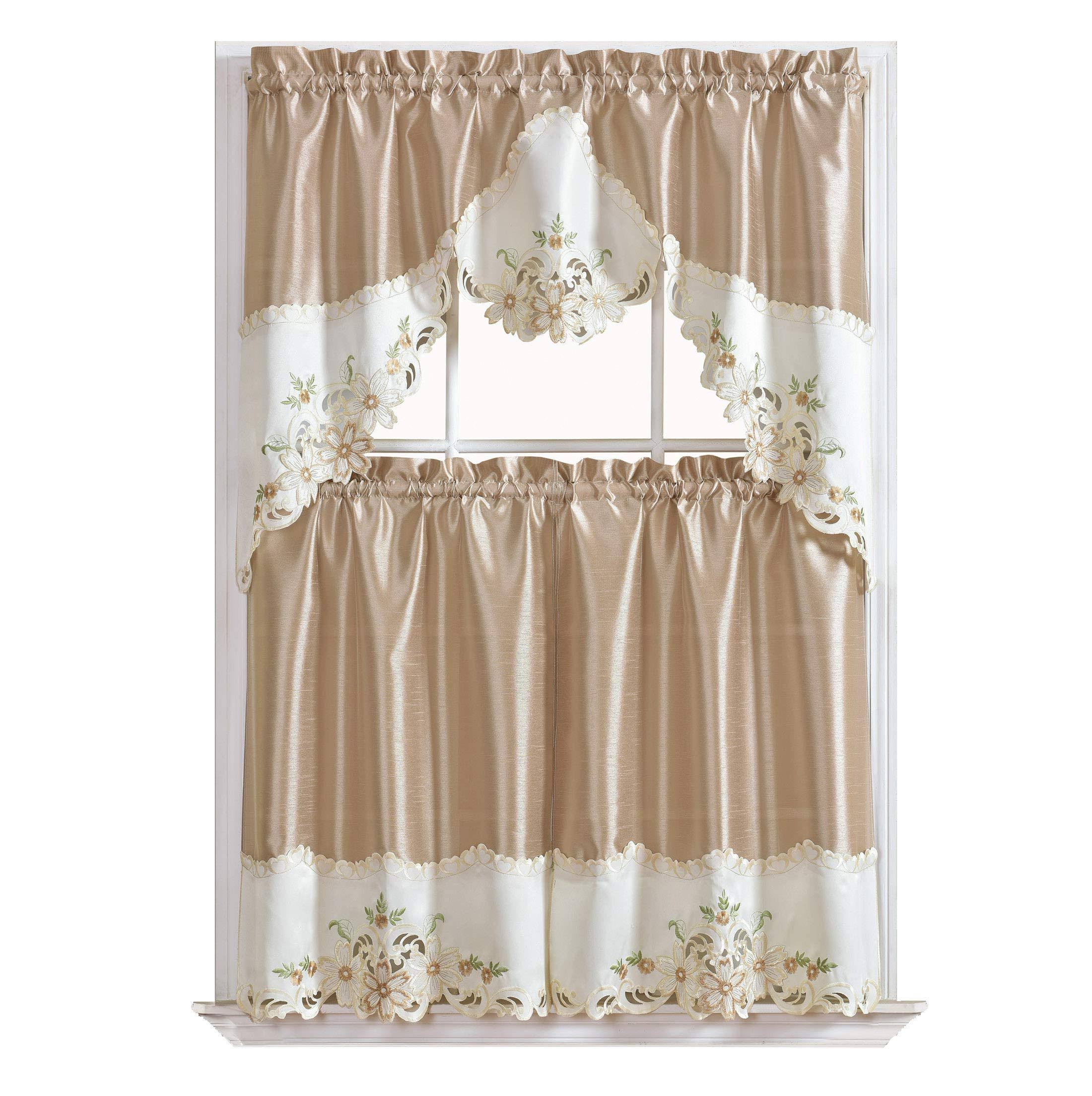 ba52484bfac0f149a9775127a816e408703e6e7fa5f109bef0f23406e16c788a.jpg GOHD Arch Floral Kitchen Curtain Set/Swag Valance & Tier Set. Nice Matching Color Floral Embroidery on Border with Cutworks (Beige) - Image 1