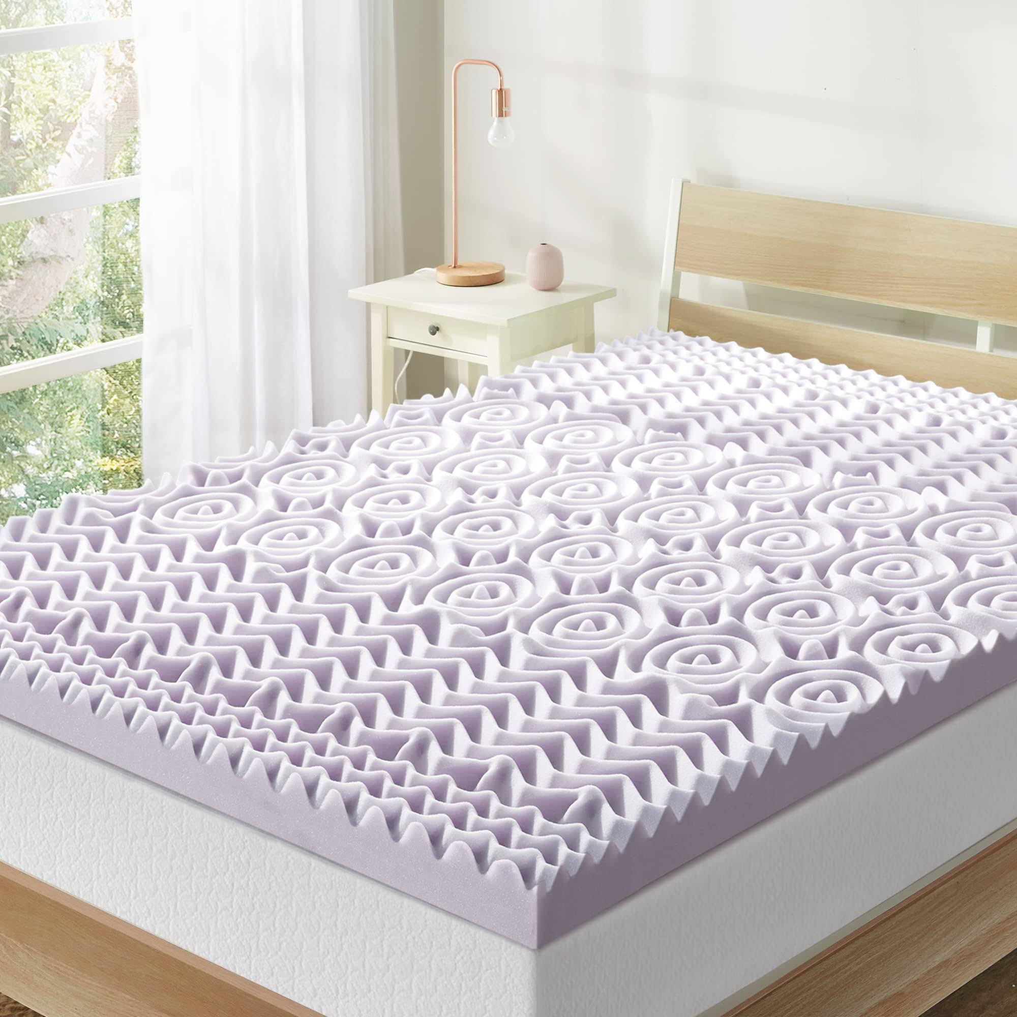 bac1e691a425780c624245d1a4af6d964897fe9cb21cd3f9a29485952d42d19e.jpg Mellow 3 inch 5-Zone Memory Foam Mattress Topper, Soothing Lavender, Queen - Image 1