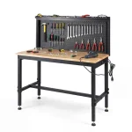 48" Heavy-Duty Workbench with AC/USB Outlets & Pegboard, 2000 LBS Max Load, Adjustable Height Rubberwood Top Tool Bench w/ Storage Shelf for Garage