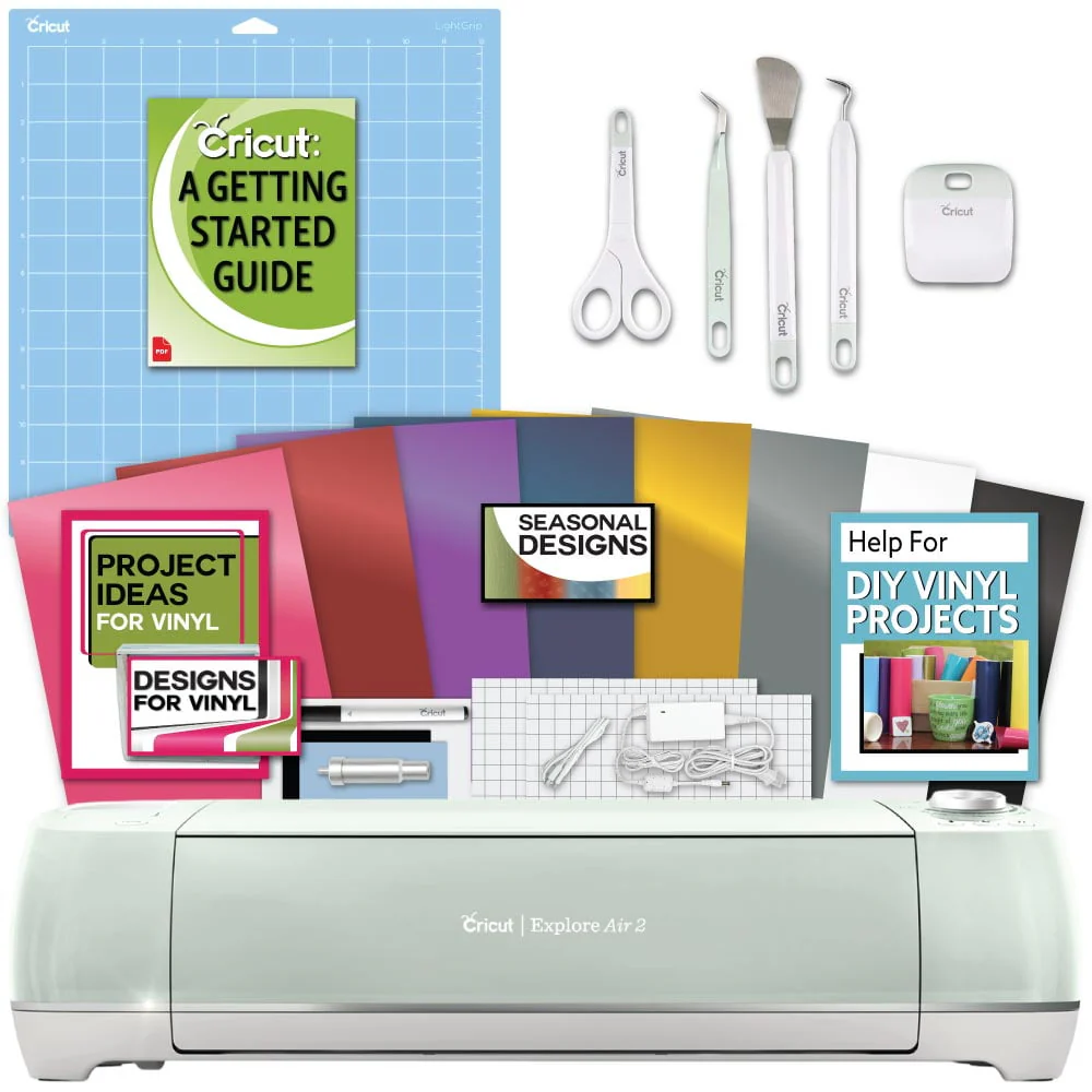 bbc9e3d00e25220fdf5256176cc073f58567d03f3bd33005f79f58c6eef519c9.webp Cricut Explore Air 2 Machine Bundle - Beginner Guide, Tool Kit, Vinyl Pack, Designs & Project Inspiration - Image 1