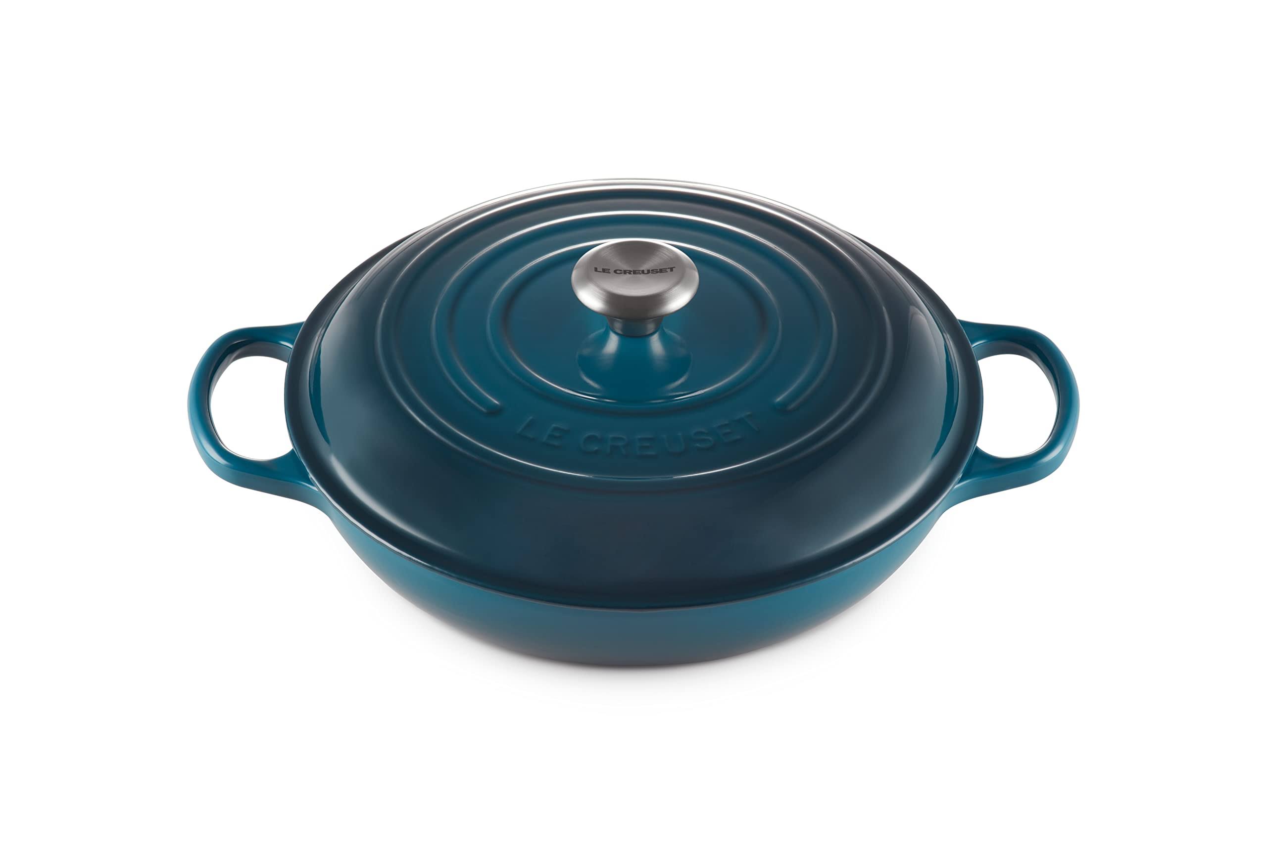 bc04fee18fe140df505b371e8e35f83e4240fd15183fb2c0b70eb0dad943a893.jpg Le Creuset Signature Cast Iron 3.5-Quart Deep Teal Braiser - Image 1