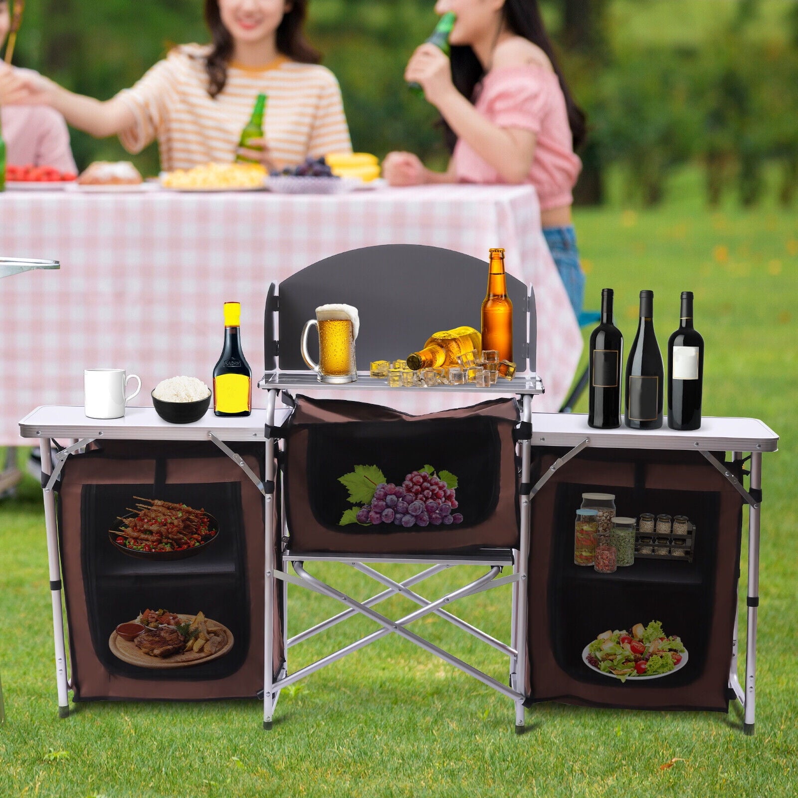 bc210adc6203ba3a4ae6ee31ee18756d502dc00e3f17ee3dd11d1a7a6a5e9ee0.jpg Folding Camping Kitchen Table with Storage Portable Outdoor Cooking Table with Aluminium Windscreen Kitchen Station with 2 Side Tables for BBQ Grill Picnics Brown - Image 1
