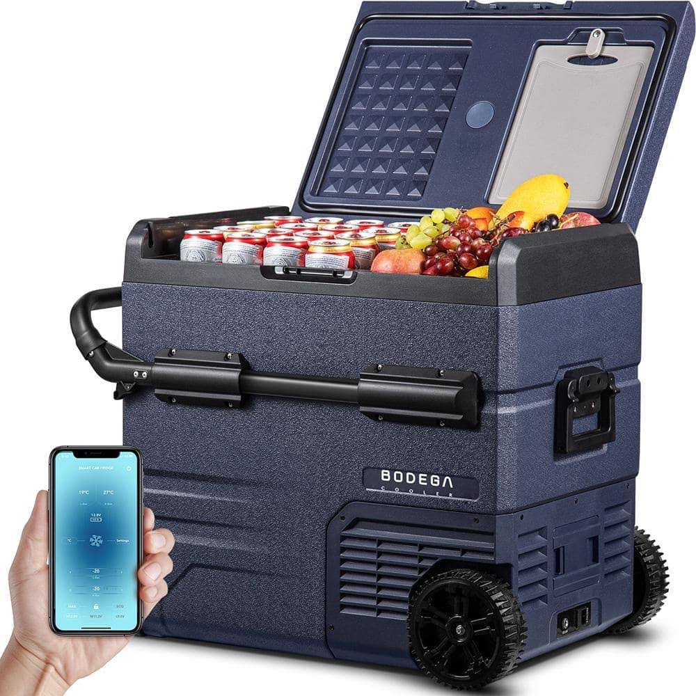 bc8b6da7043690e42e7fcb9d16fa4d563cf46ccfb1fe9c6f3308c958ccffbd60.jpg 2 Cu. ft. Dual Zone Car Fridge Electric Compressor Cooler with App Control and Wheels Outdoor Refrigerator in Blue - Image 1