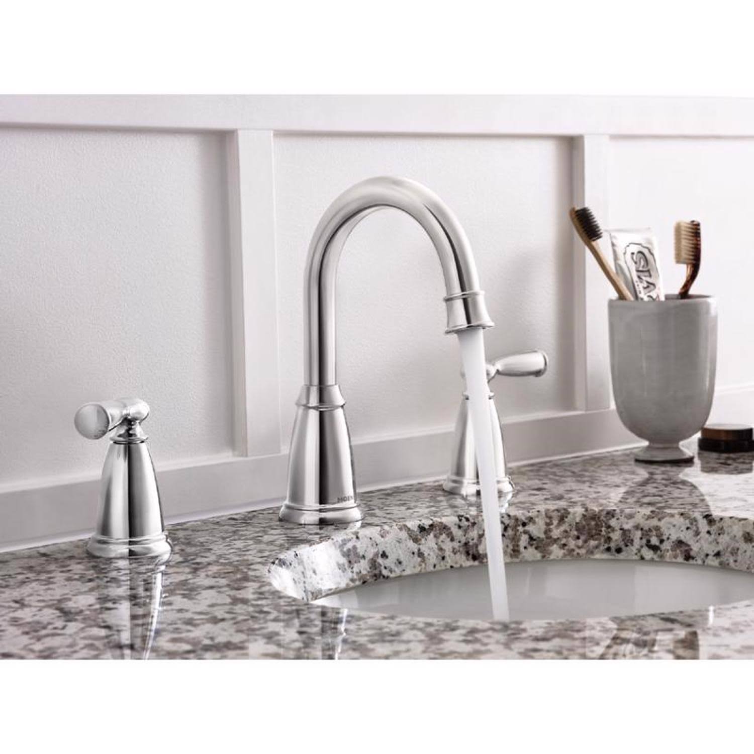 bc9b279e04b0f3221ae929fbb76791b7d24cfb648ff56df3db2e0cfee0384eda.jpg Moen 84947 Banbury 8 in Widespread Double Handle High Arc Bathroom Faucet in Chrome - Image 1