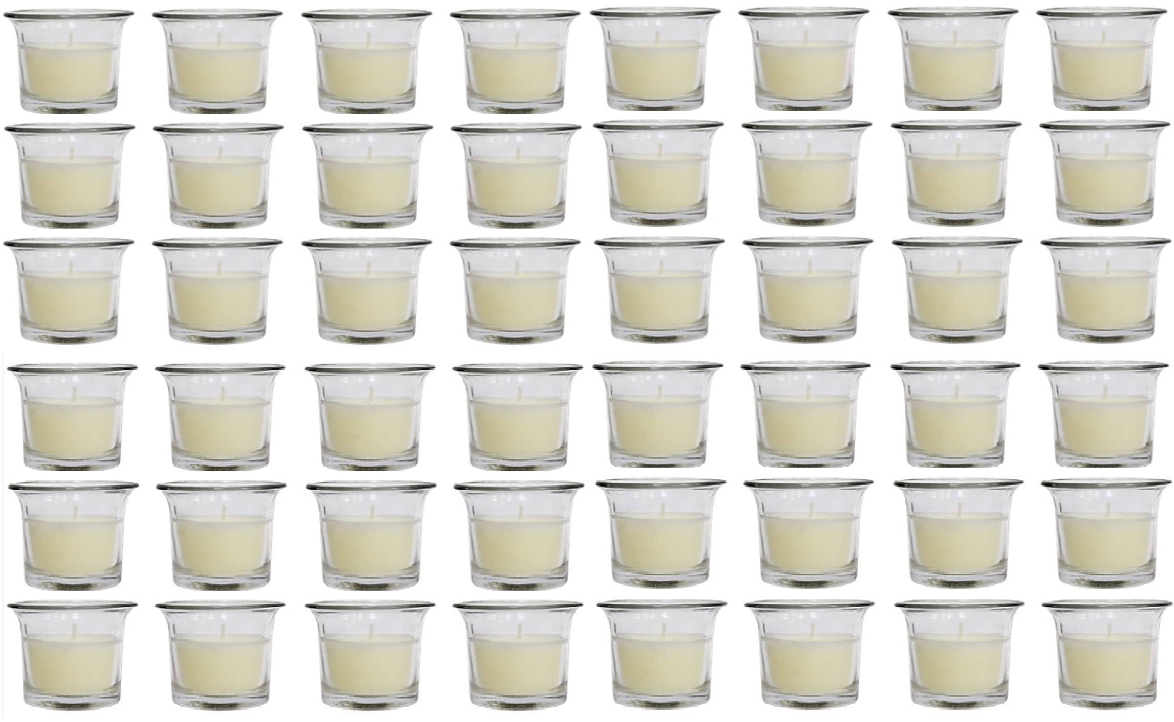 bca2193ea849ae5df04a688b70d7e1bd2d875ae77a1406642195d154dab36204.jpg Hosley Oyster Cup Clear Glass Filled Candles 48 Pack Ivory Hand Poured Unscented Wax Candles for Home Restaurants Shabbat Church Weddings Romantic - Image 1