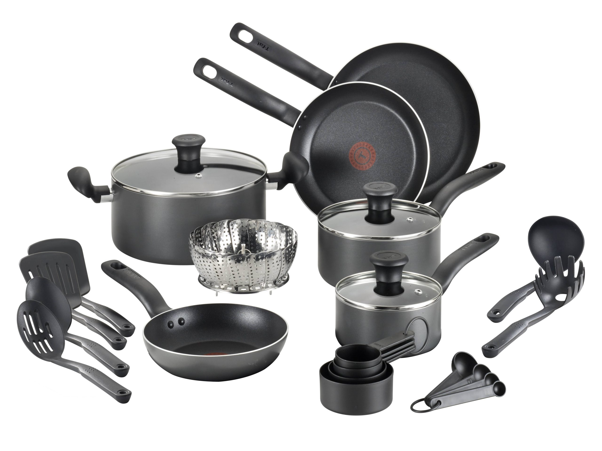 bca5a7d7af0878b3e8adbfbe846cb74f148bb02f6aa3886f052aacec1bd8e3c4.jpg T-Fal 18-pc. Nonstick Cookware Set - Grey - Image 1