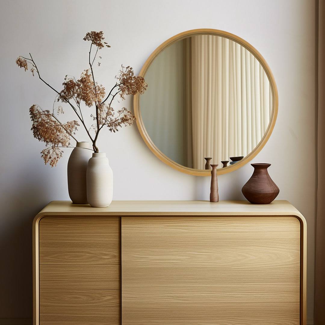 bcb8840fbf75e2ffbbdae80dfb340a527911fb079bc9298ba1f80650d05884fb.jpg Karrina Accent Mirror Ebern Designs Finish: Wood, Size: 28" x 28" - Image 1